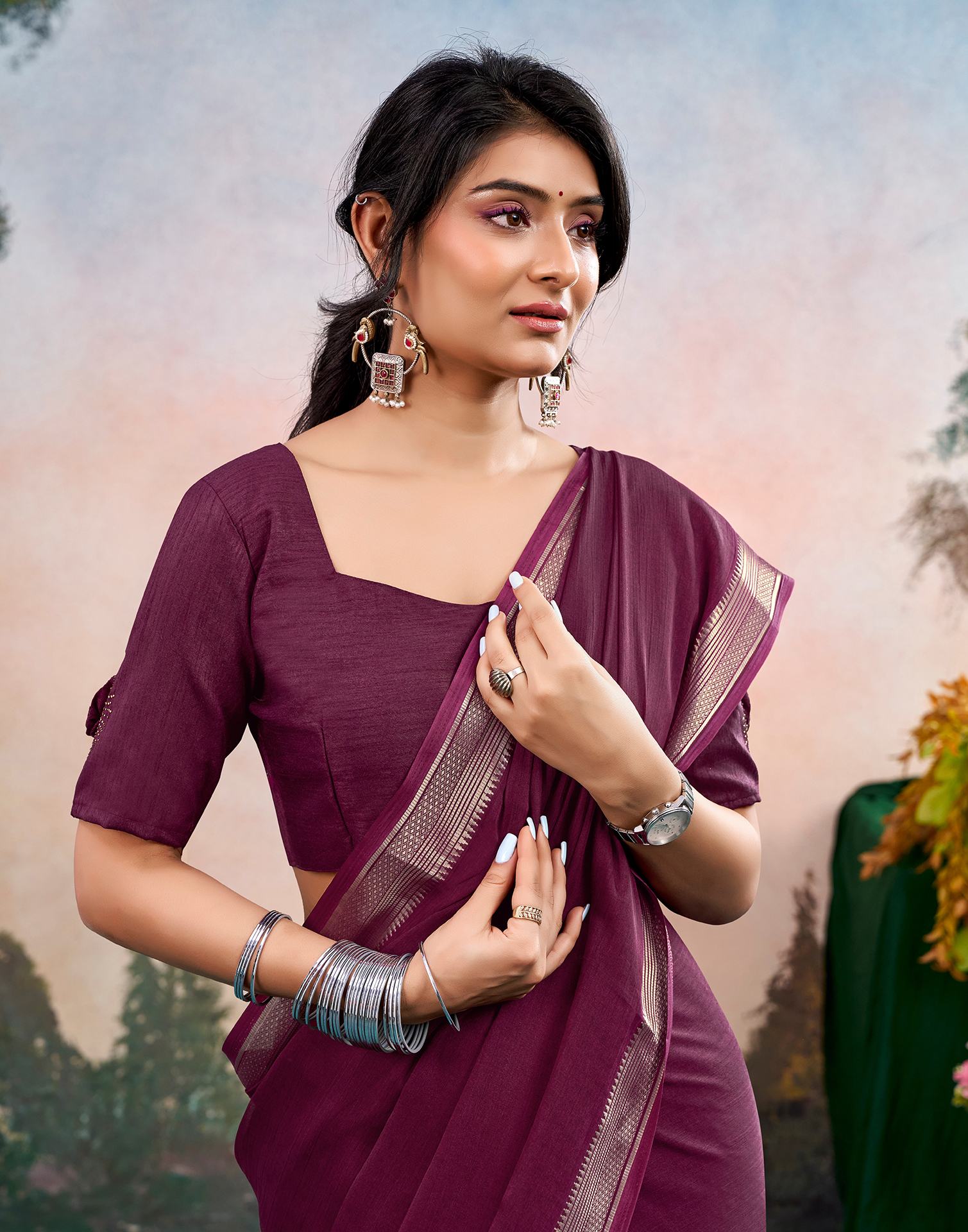 Wine Chiffon Woven Border Saree