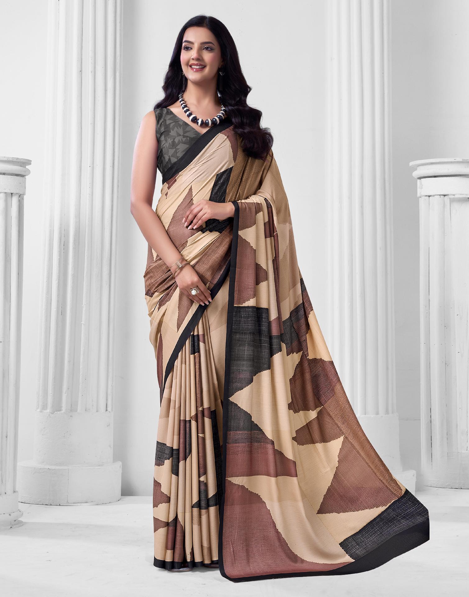Beige Crepe Printed Saree
