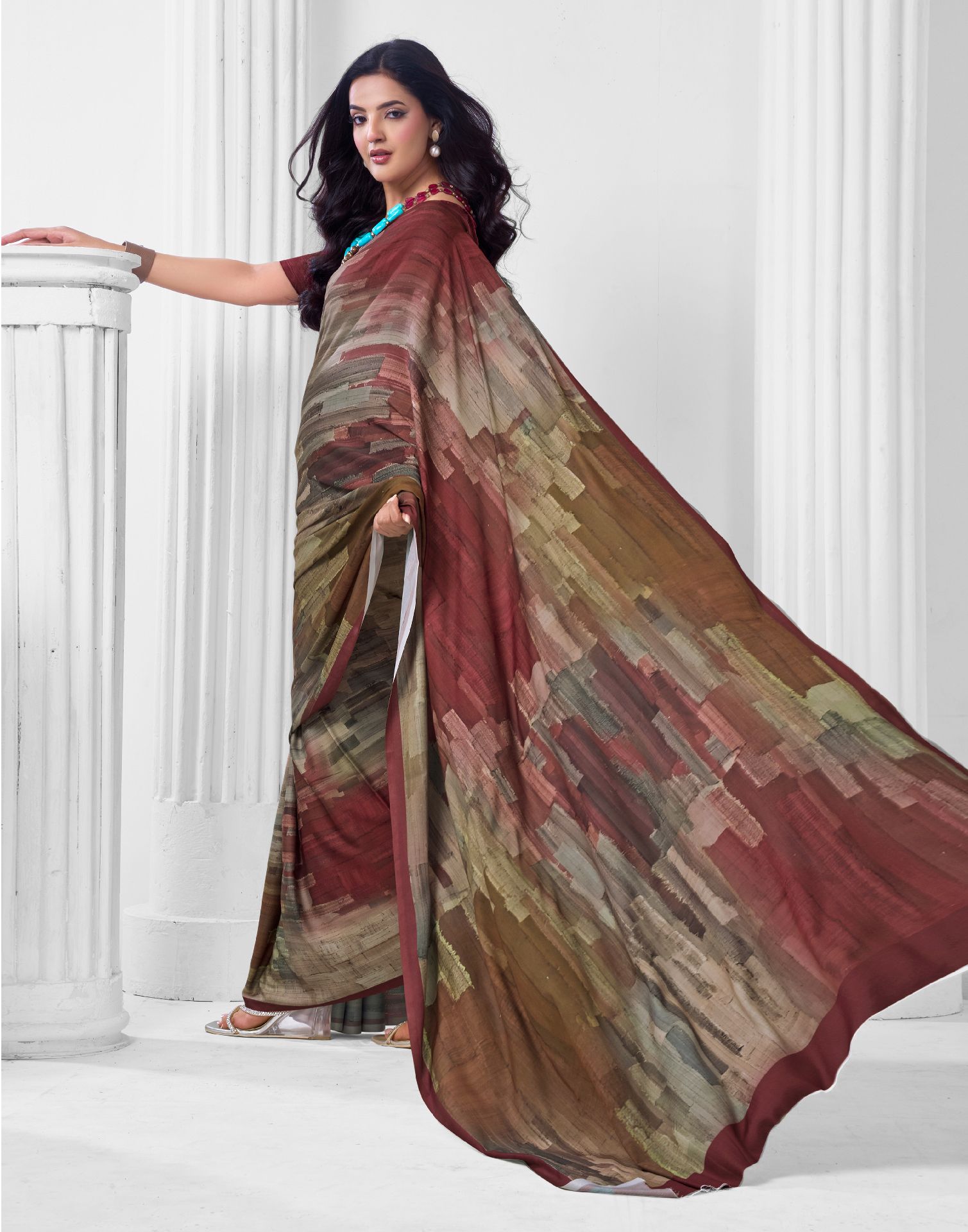 Dark Beige Crepe Printed Saree