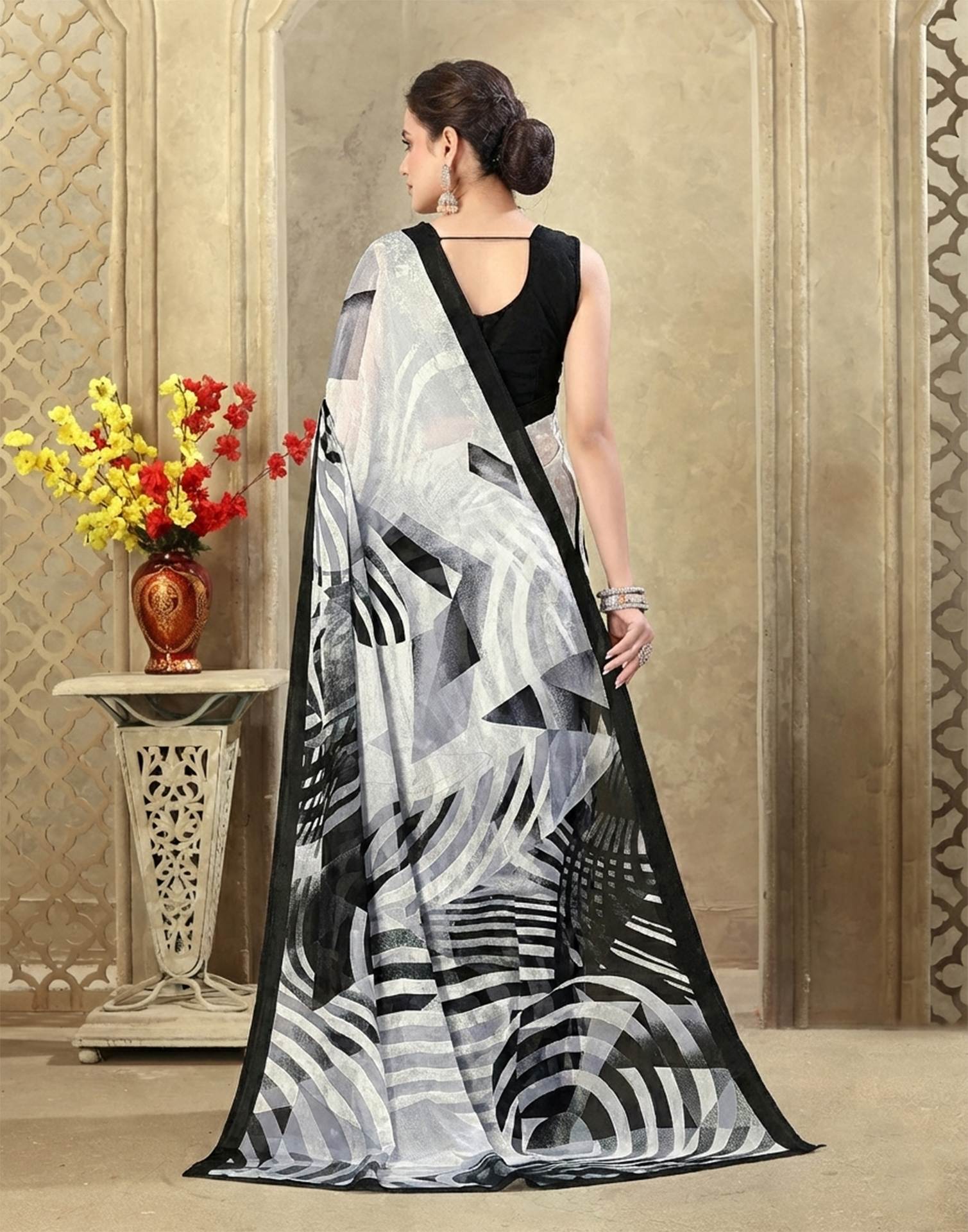 Off White Crepe Silk Printed Saree