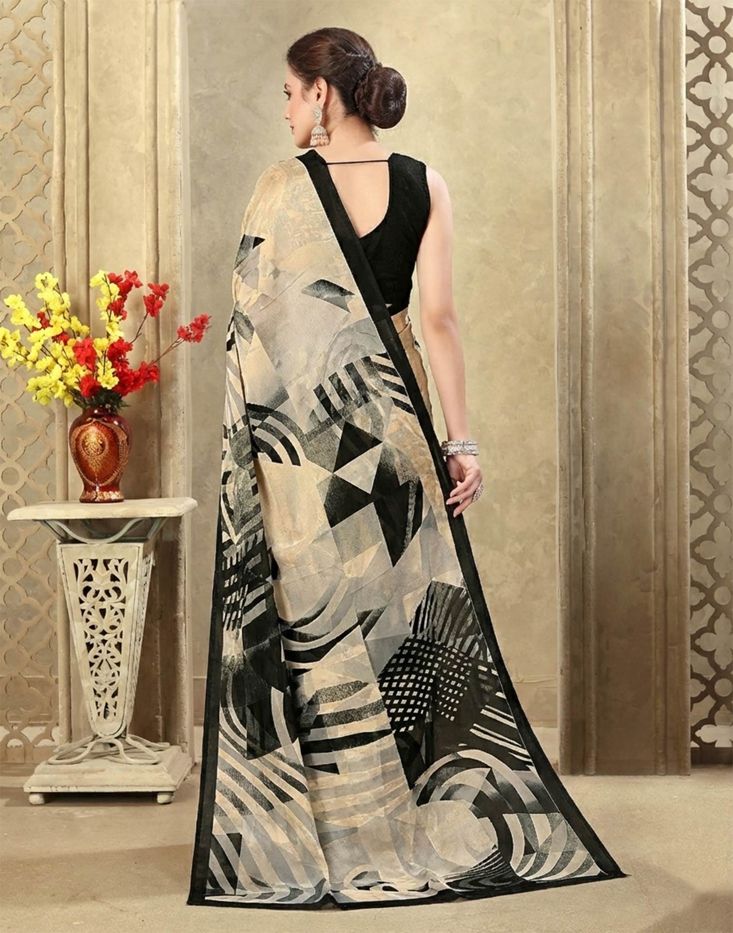 Beige Crepe Silk Printed Saree
