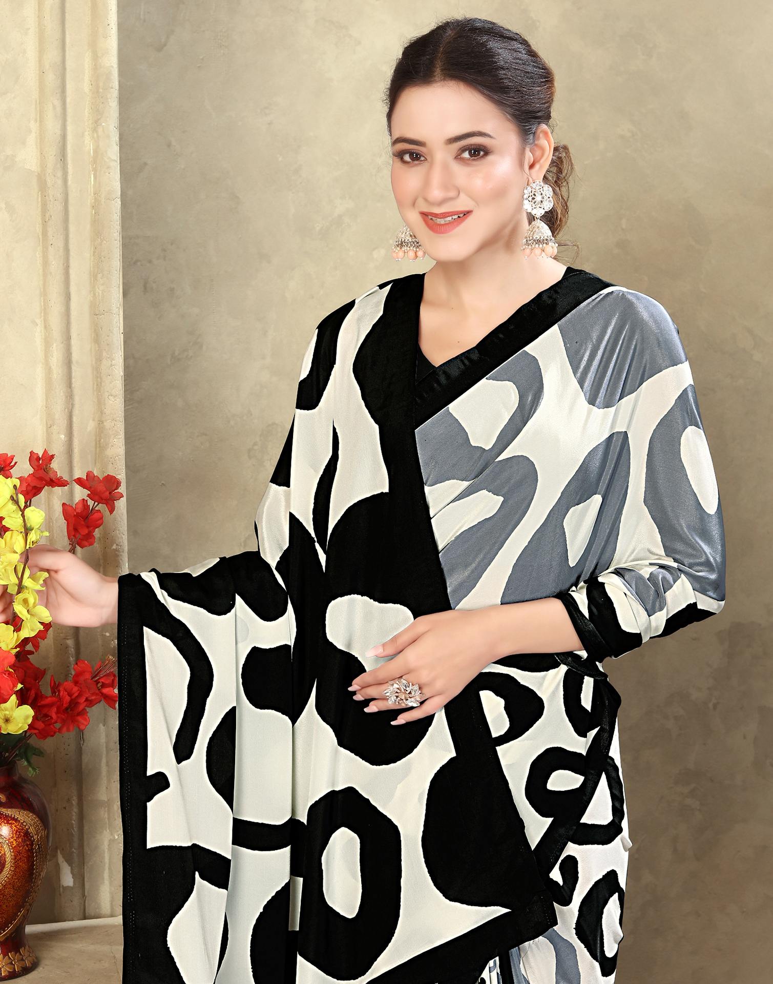 Off White Crepe Silk Printed Saree