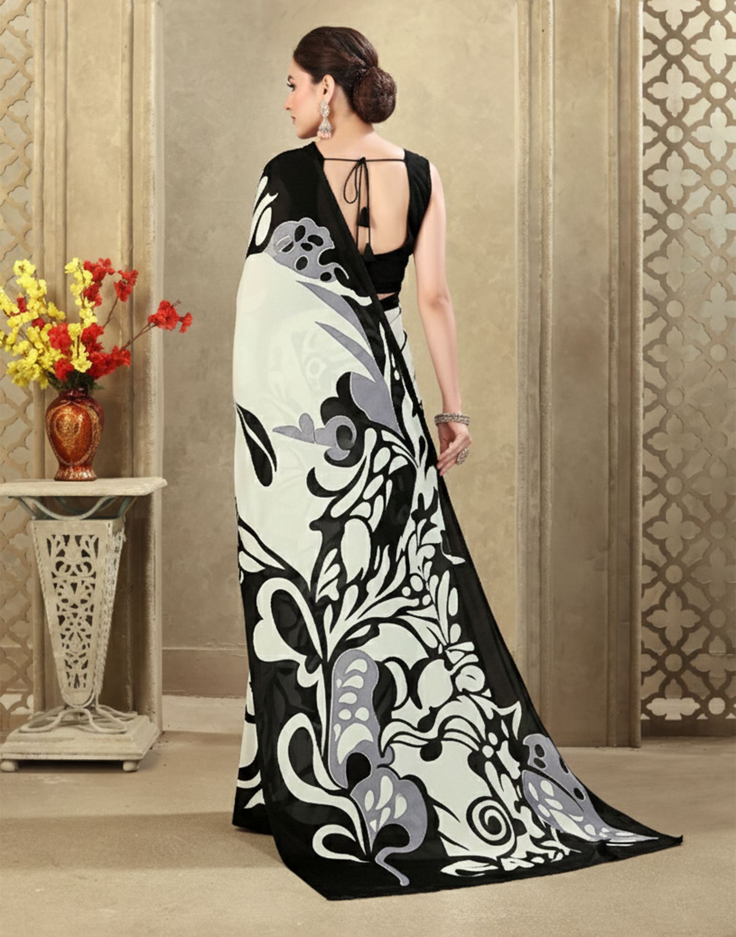 Off White Crepe Silk Printed Saree