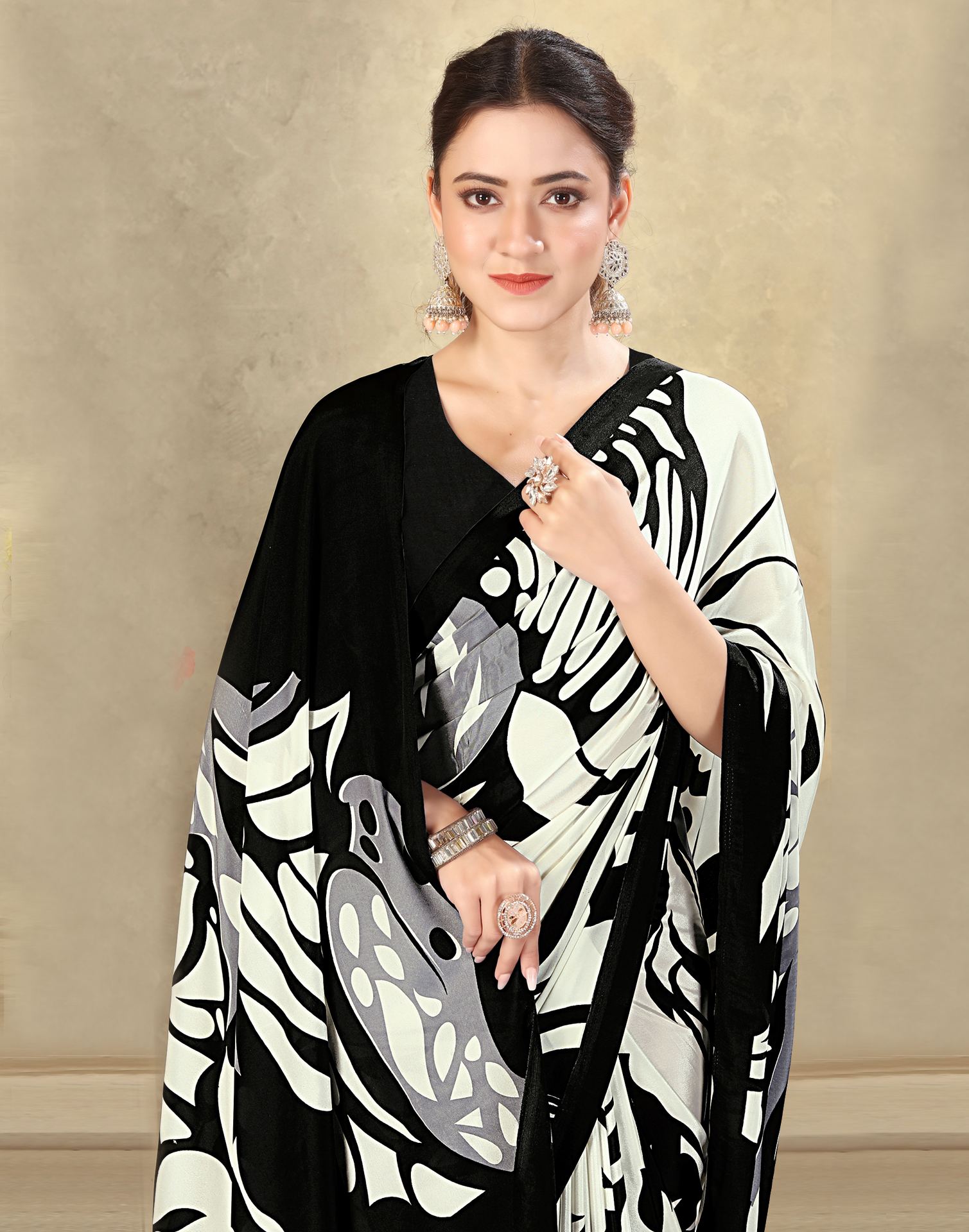 Off White Crepe Silk Printed Saree