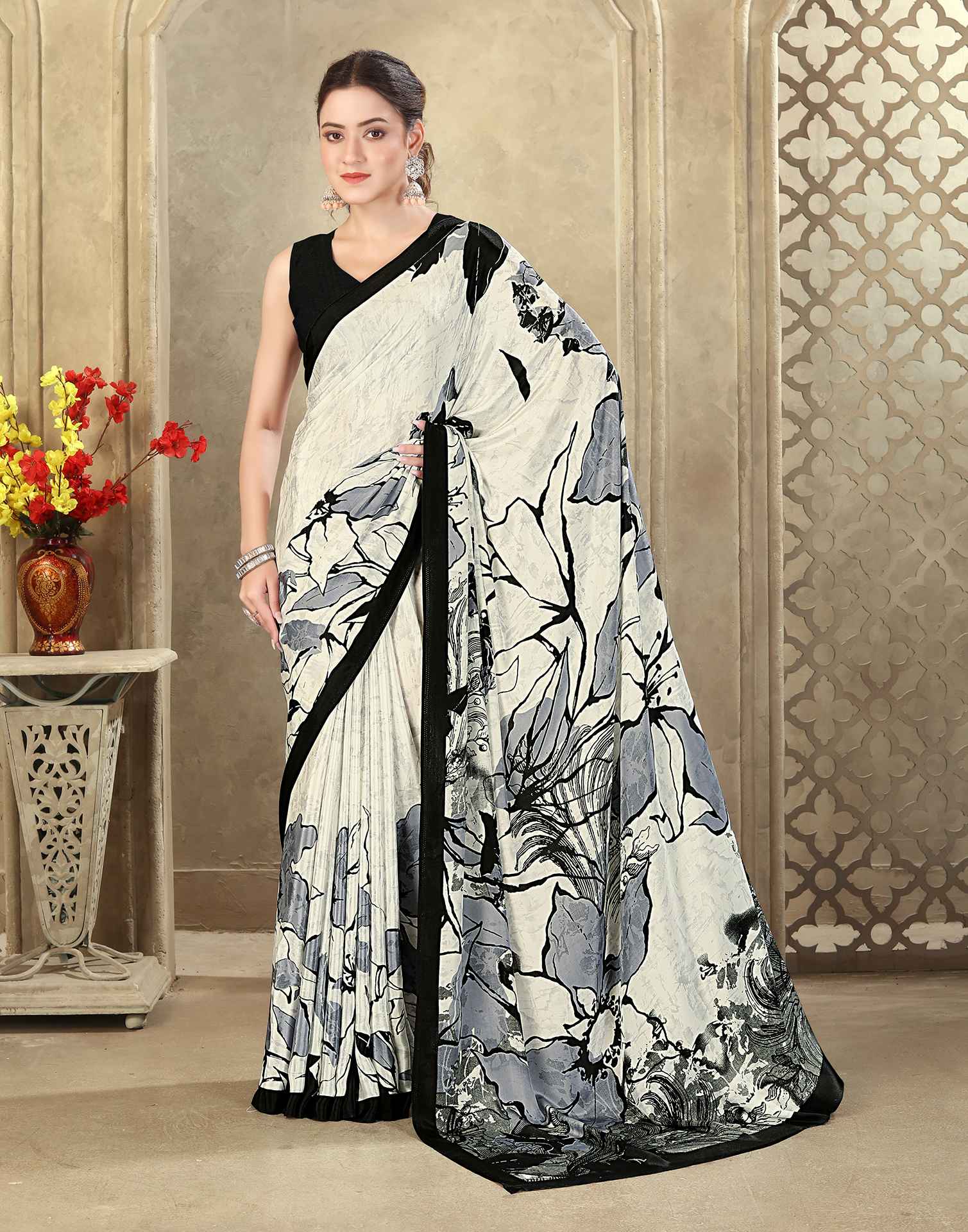 Off White Crepe Silk Printed Saree