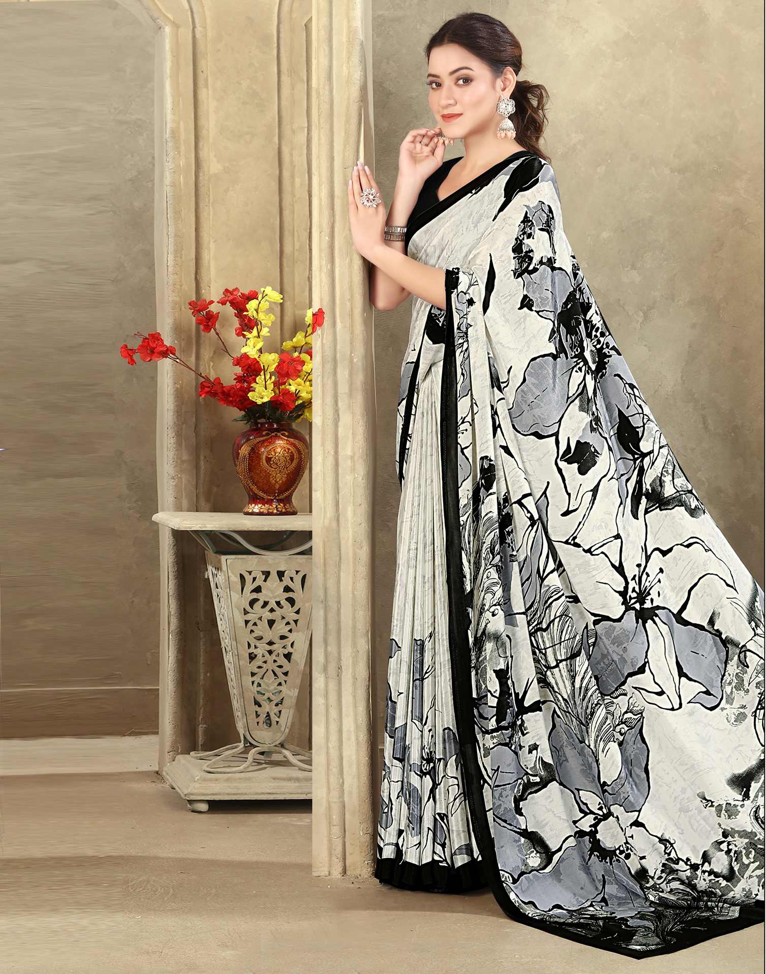 Off White Crepe Silk Printed Saree