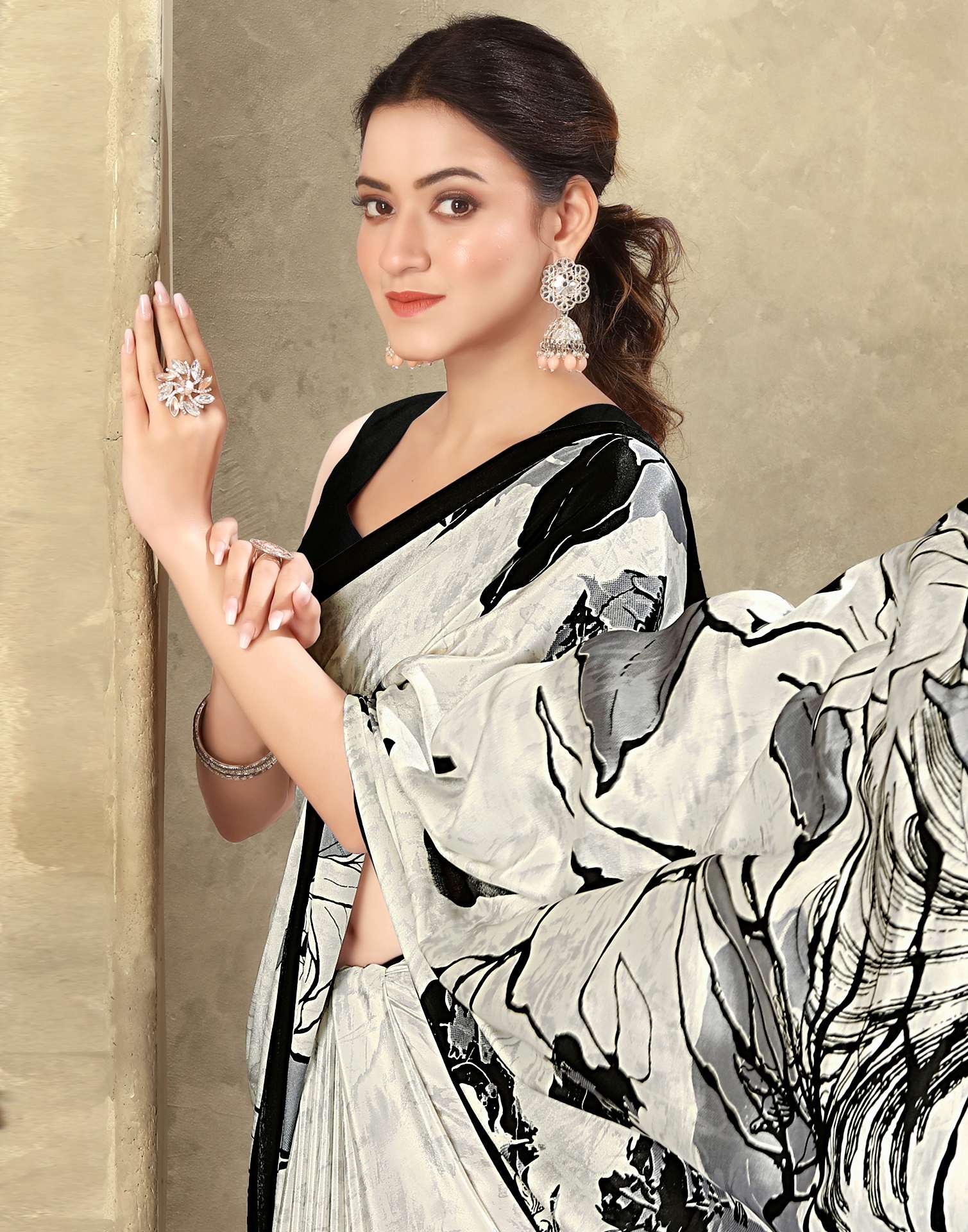 Off White Crepe Silk Printed Saree