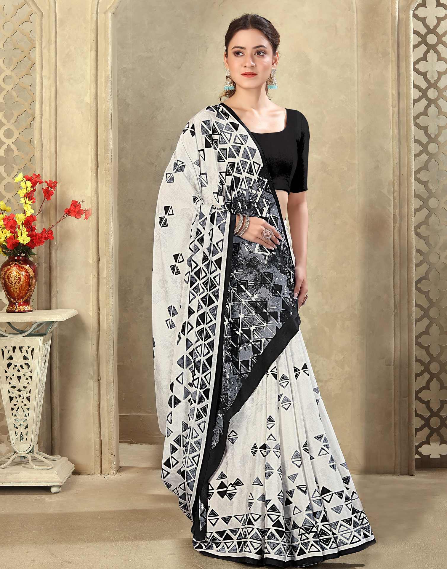 Off White Crepe Silk Printed Saree