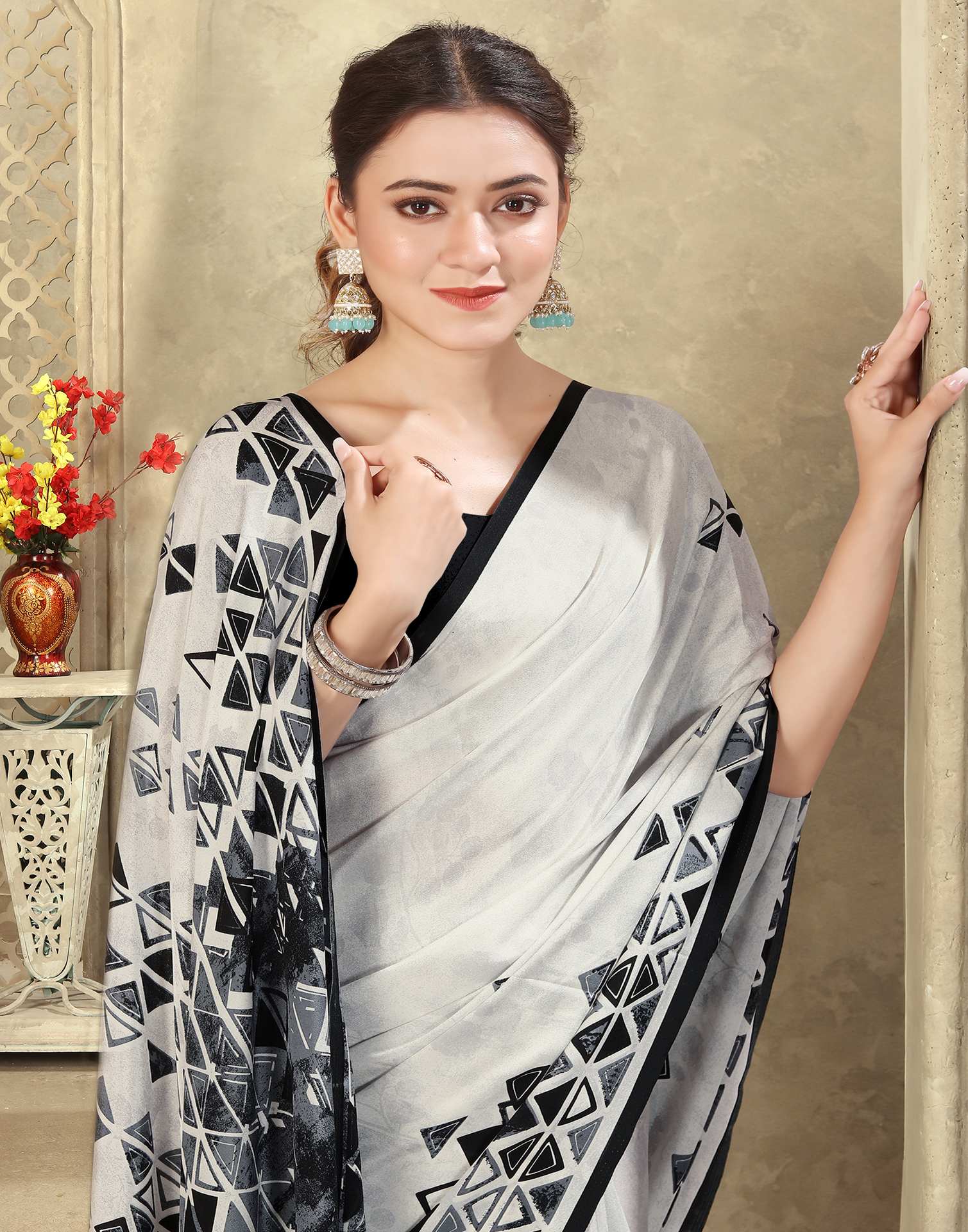 Off White Crepe Silk Printed Saree