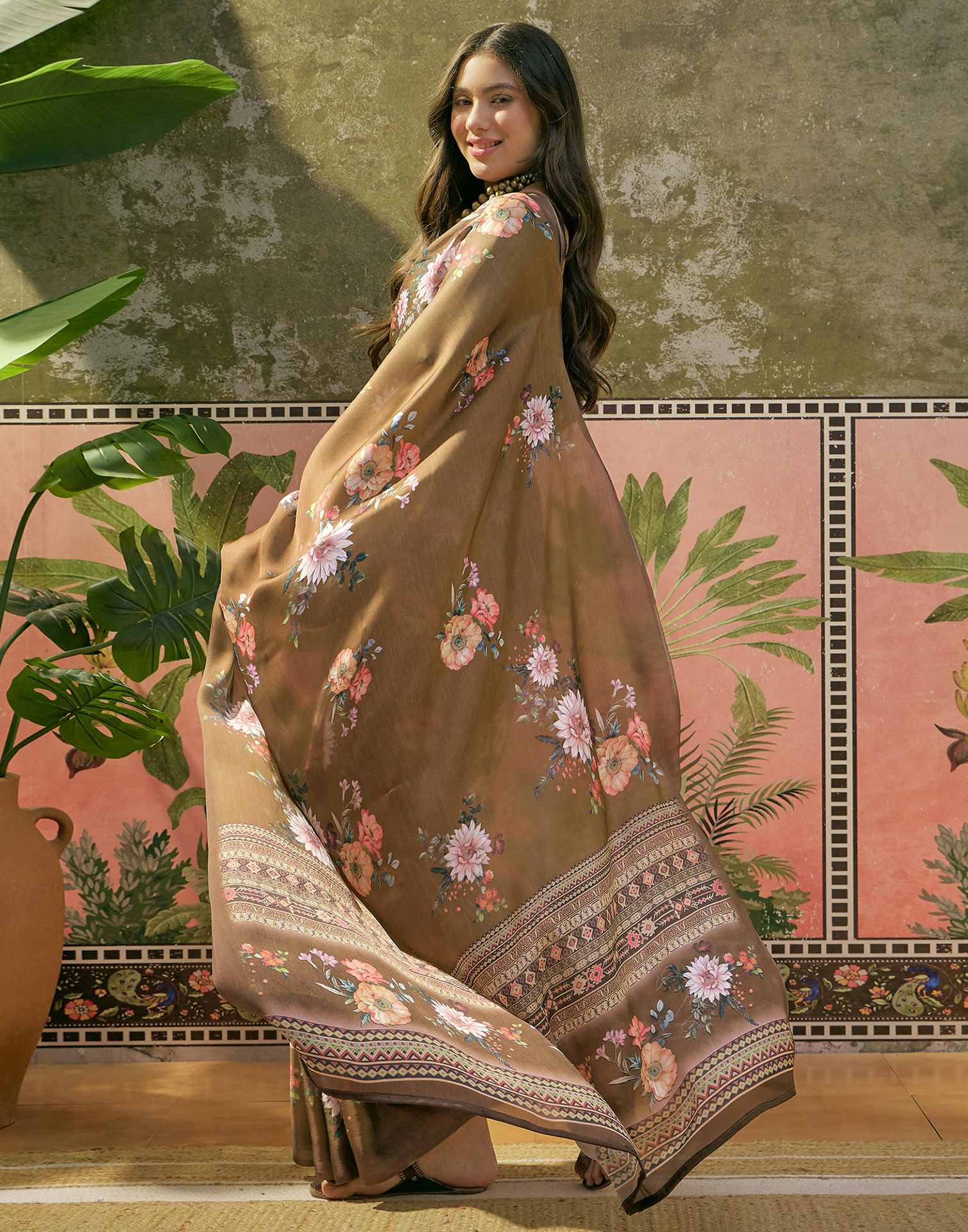 Dark Olive Green Satin Floral Printed Saree