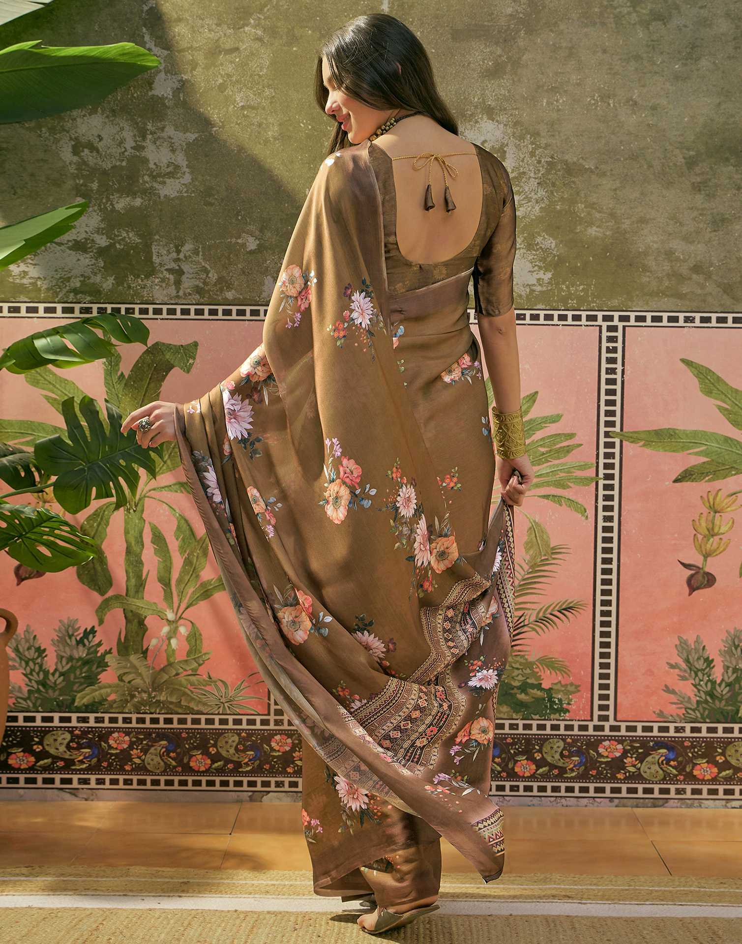 Dark Olive Green Satin Floral Printed Saree
