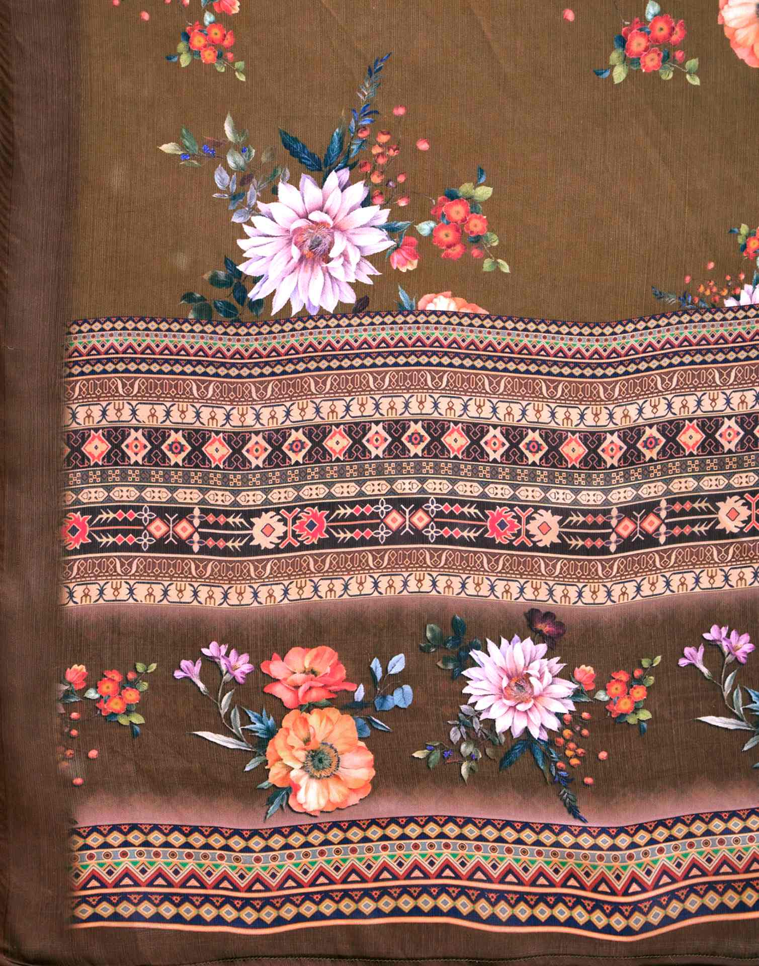 Dark Olive Green Satin Floral Printed Saree