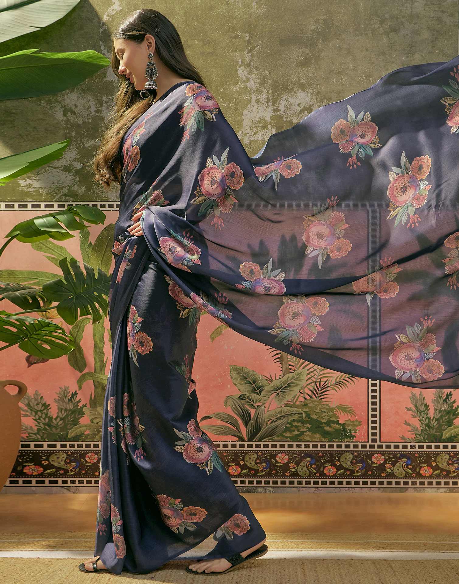Navy Blue Satin Floral Printed Saree