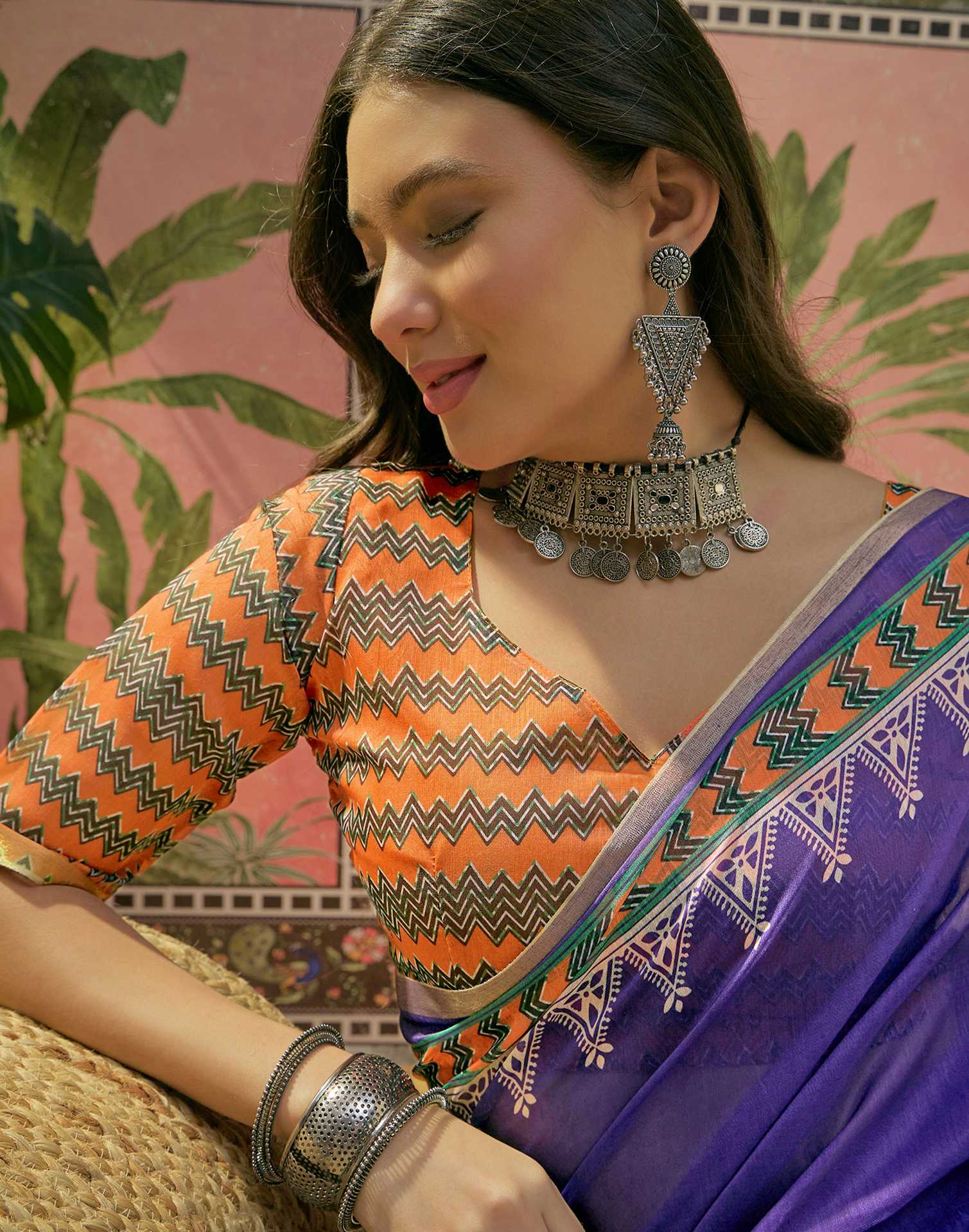 Violet Cotton Linen Printed Saree
