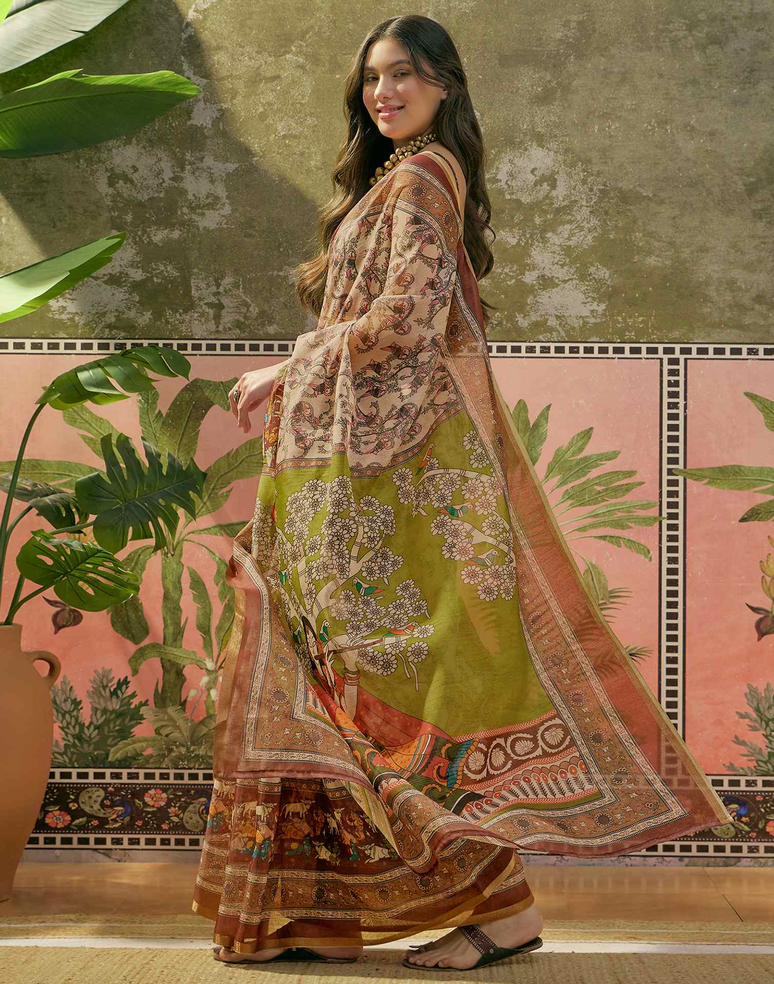 Beige Cotton Linen Printed Saree