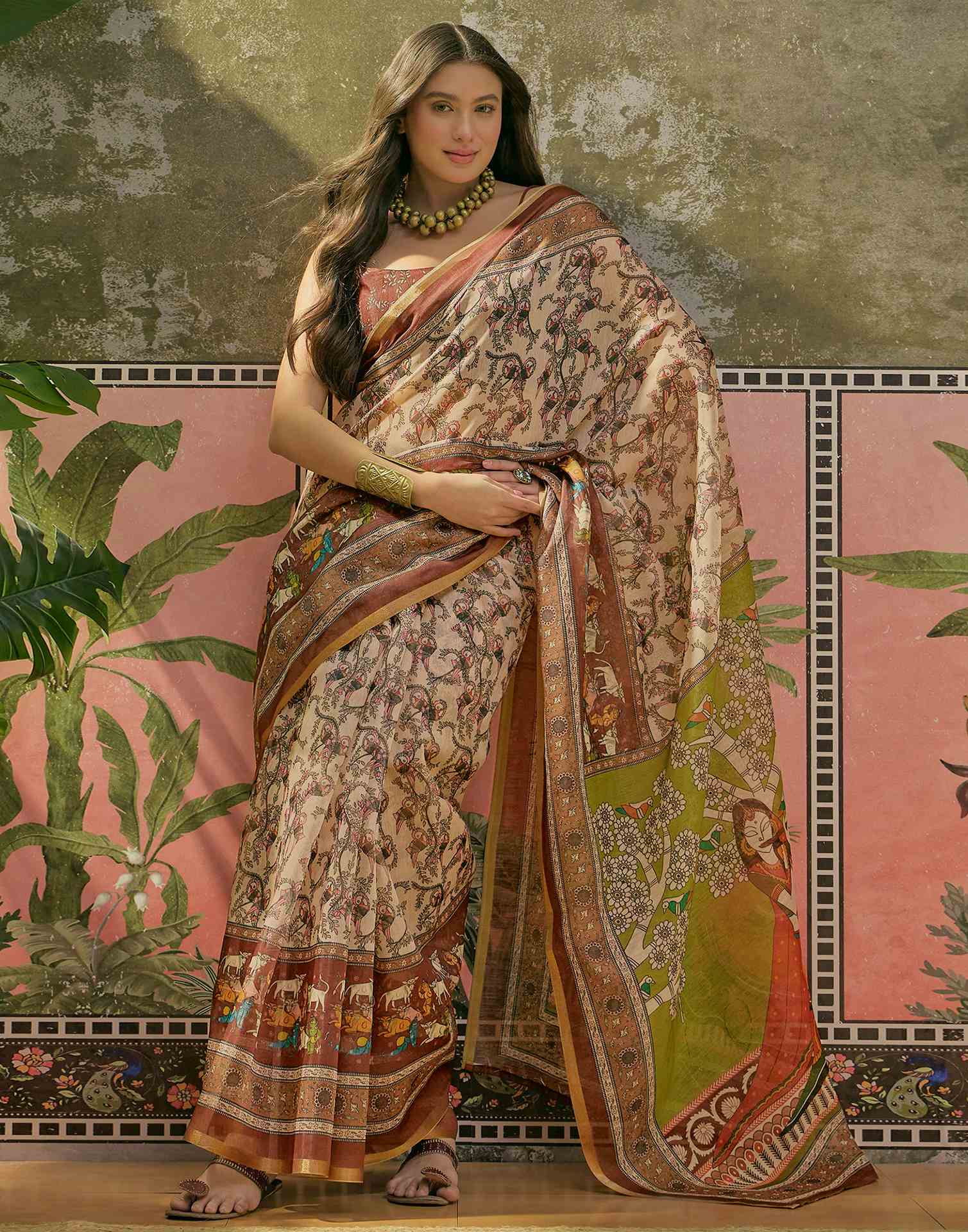 Beige Cotton Linen Printed Saree