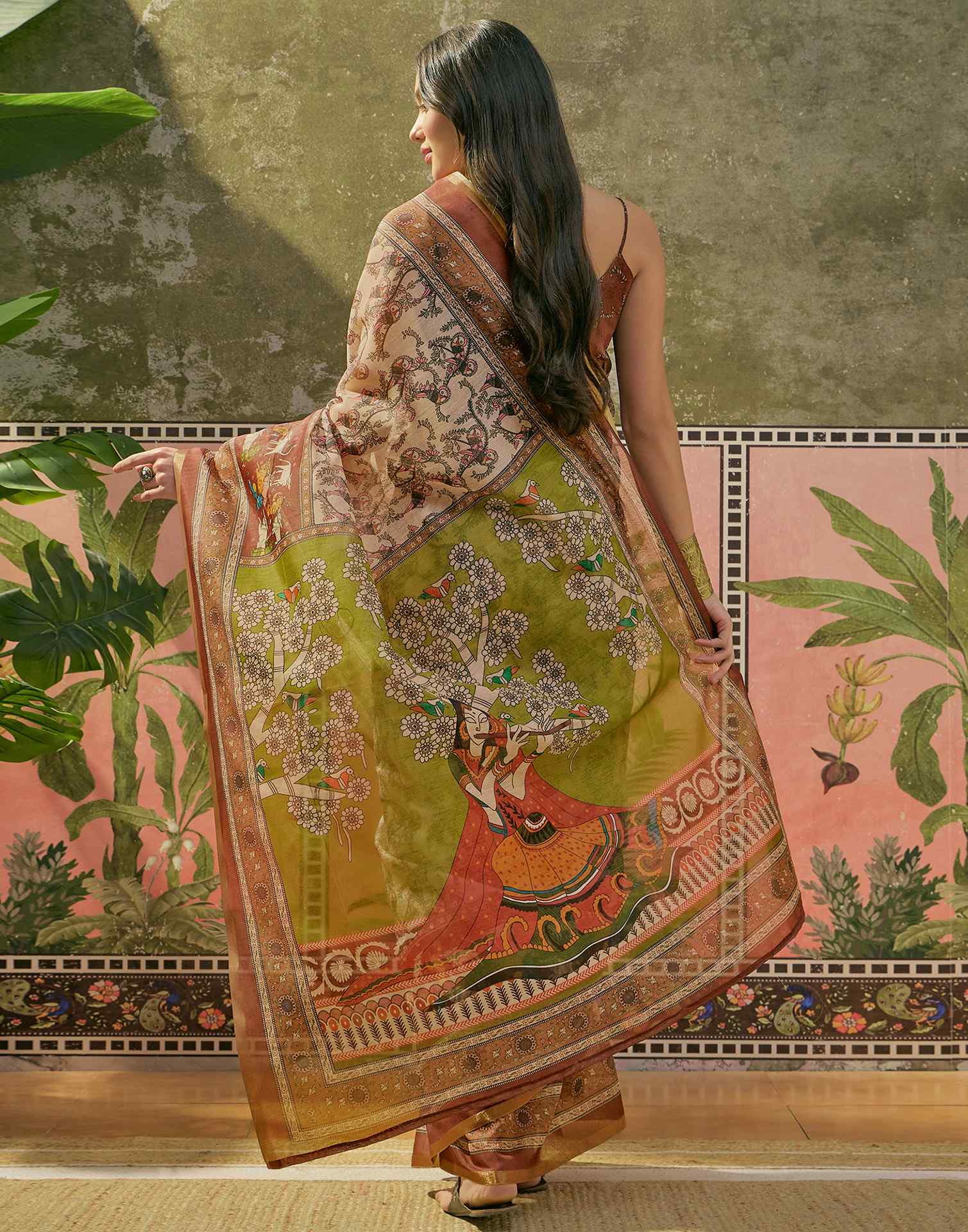 Beige Cotton Linen Printed Saree