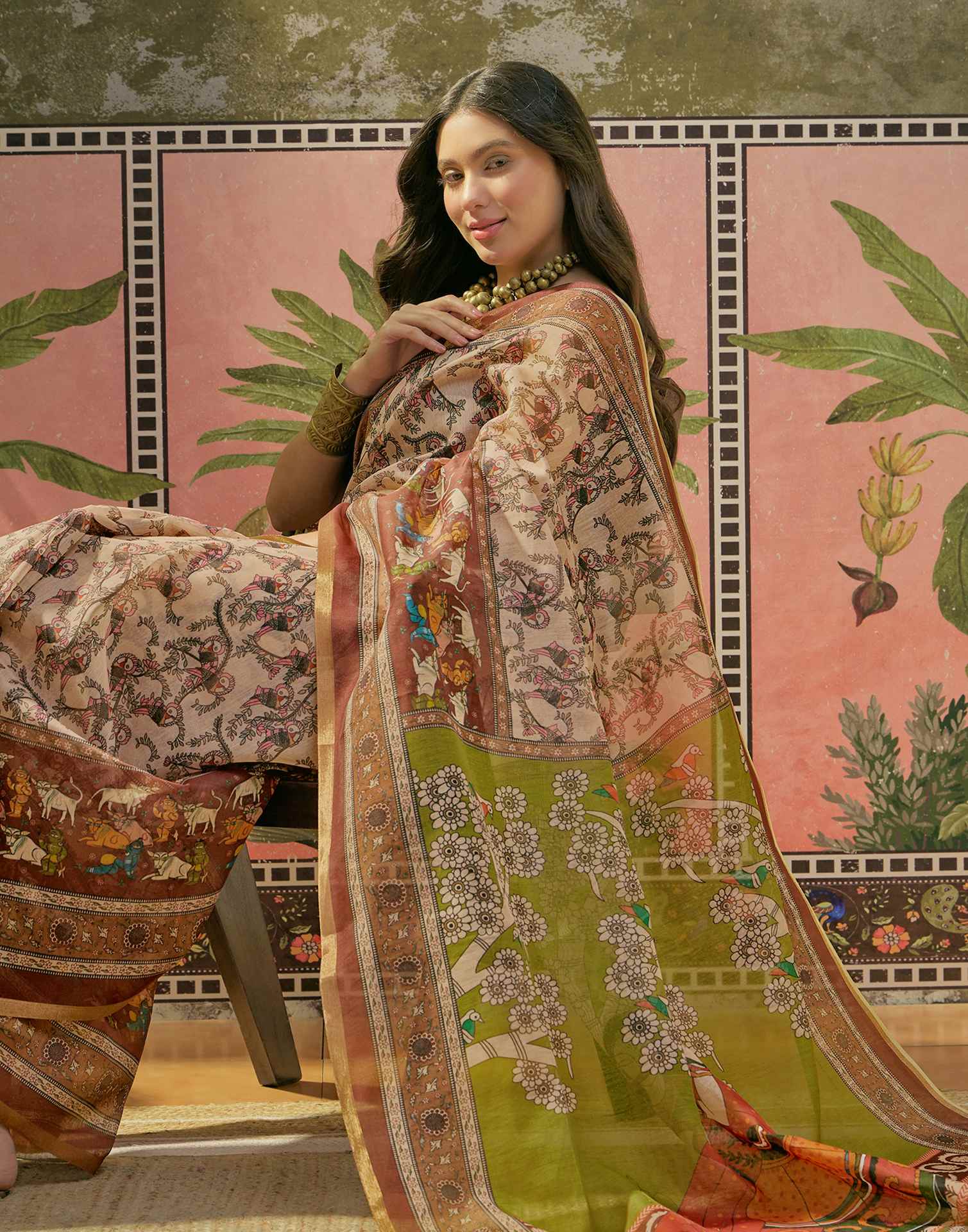 Beige Cotton Linen Printed Saree