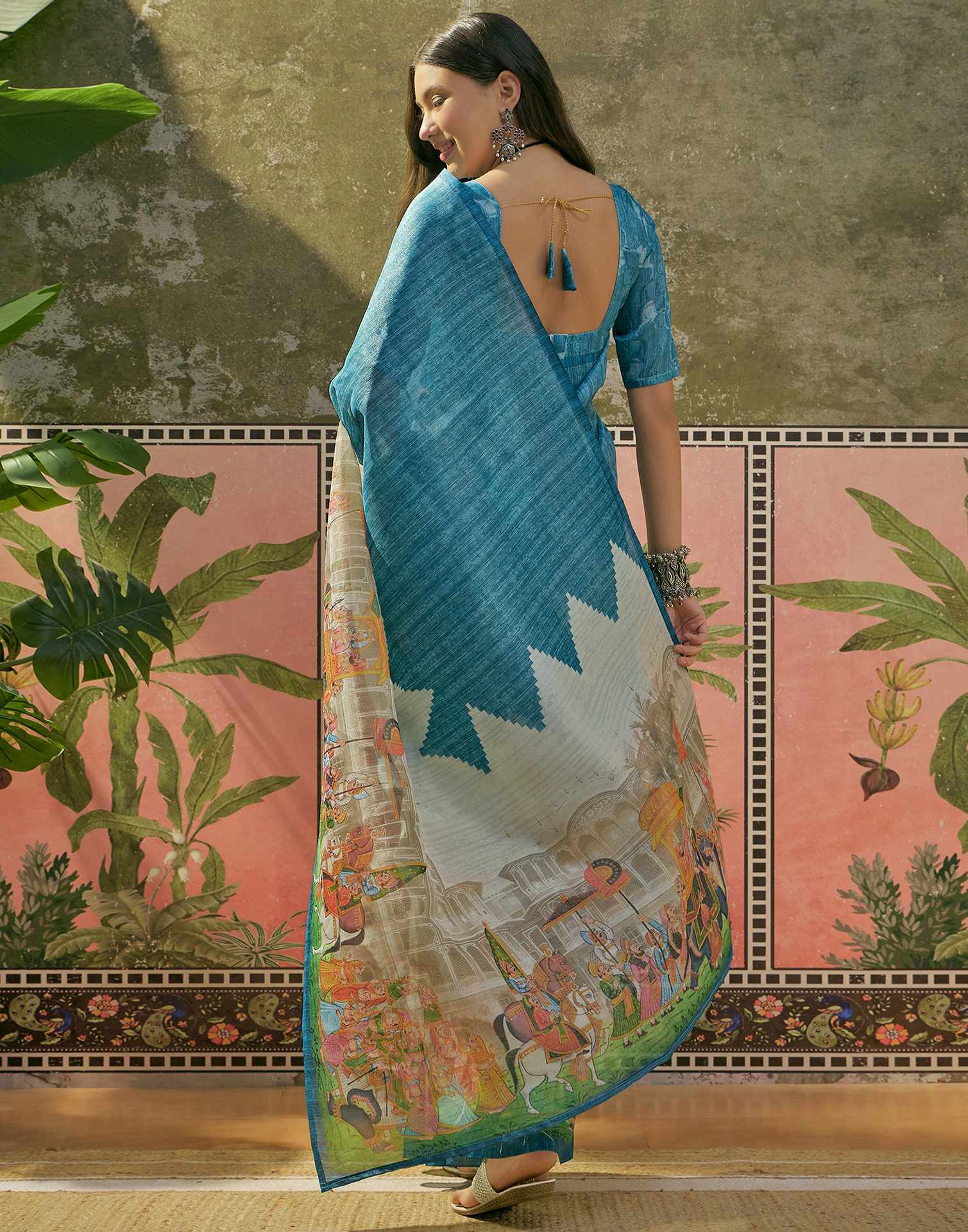 Navy Blue Shimmer Silk Printed Saree