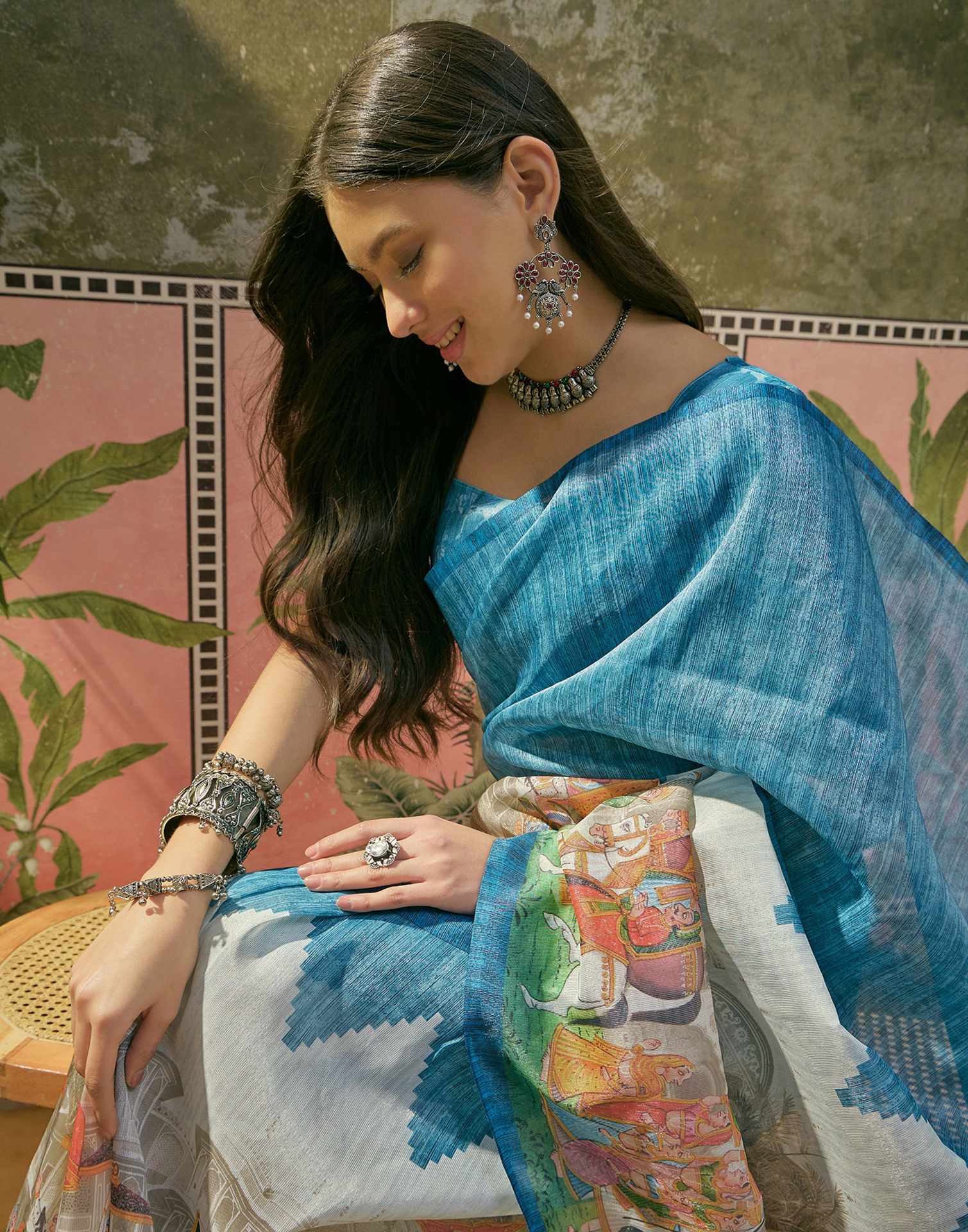 Navy Blue Shimmer Silk Printed Saree