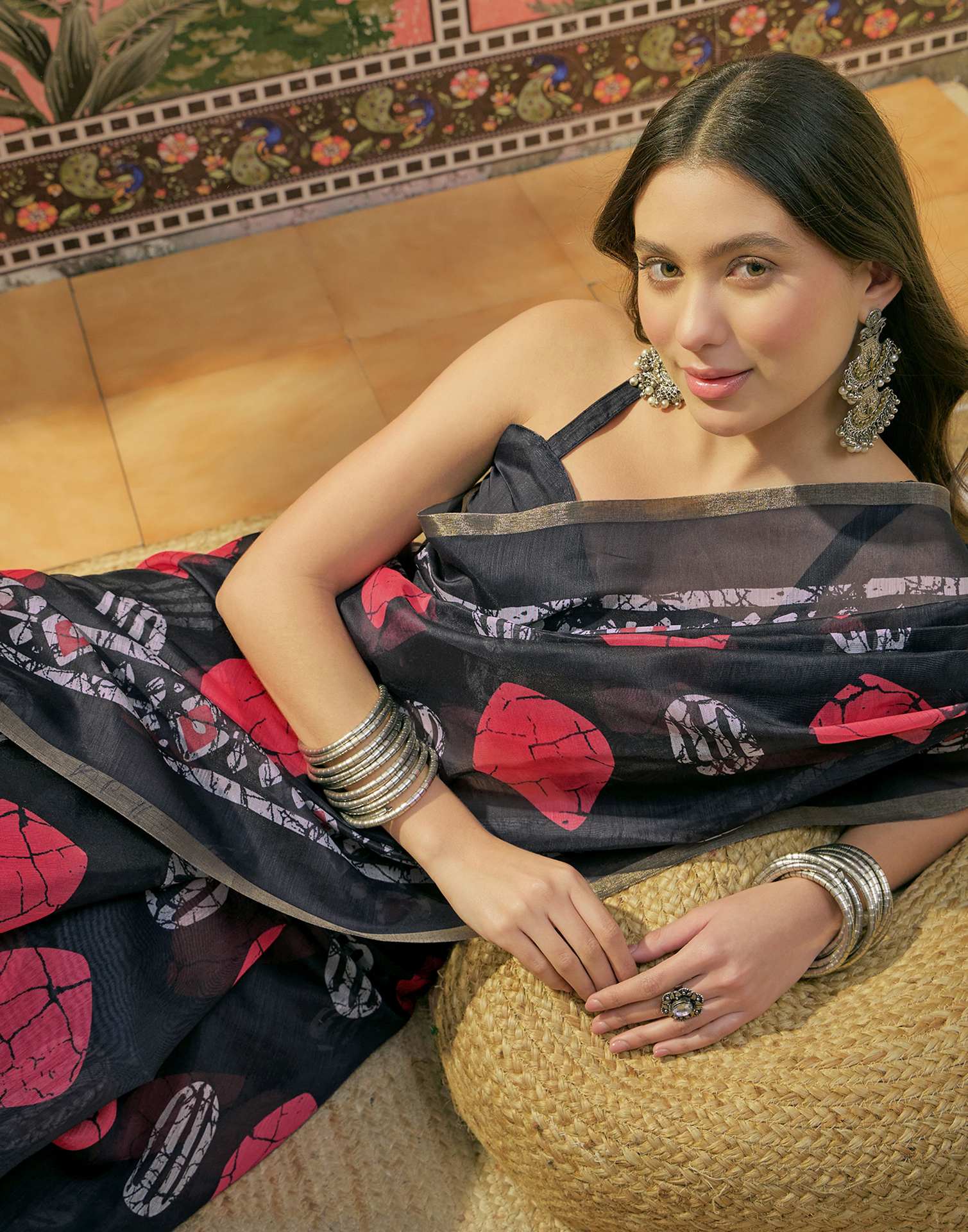 Black Cotton Linen Printed Saree