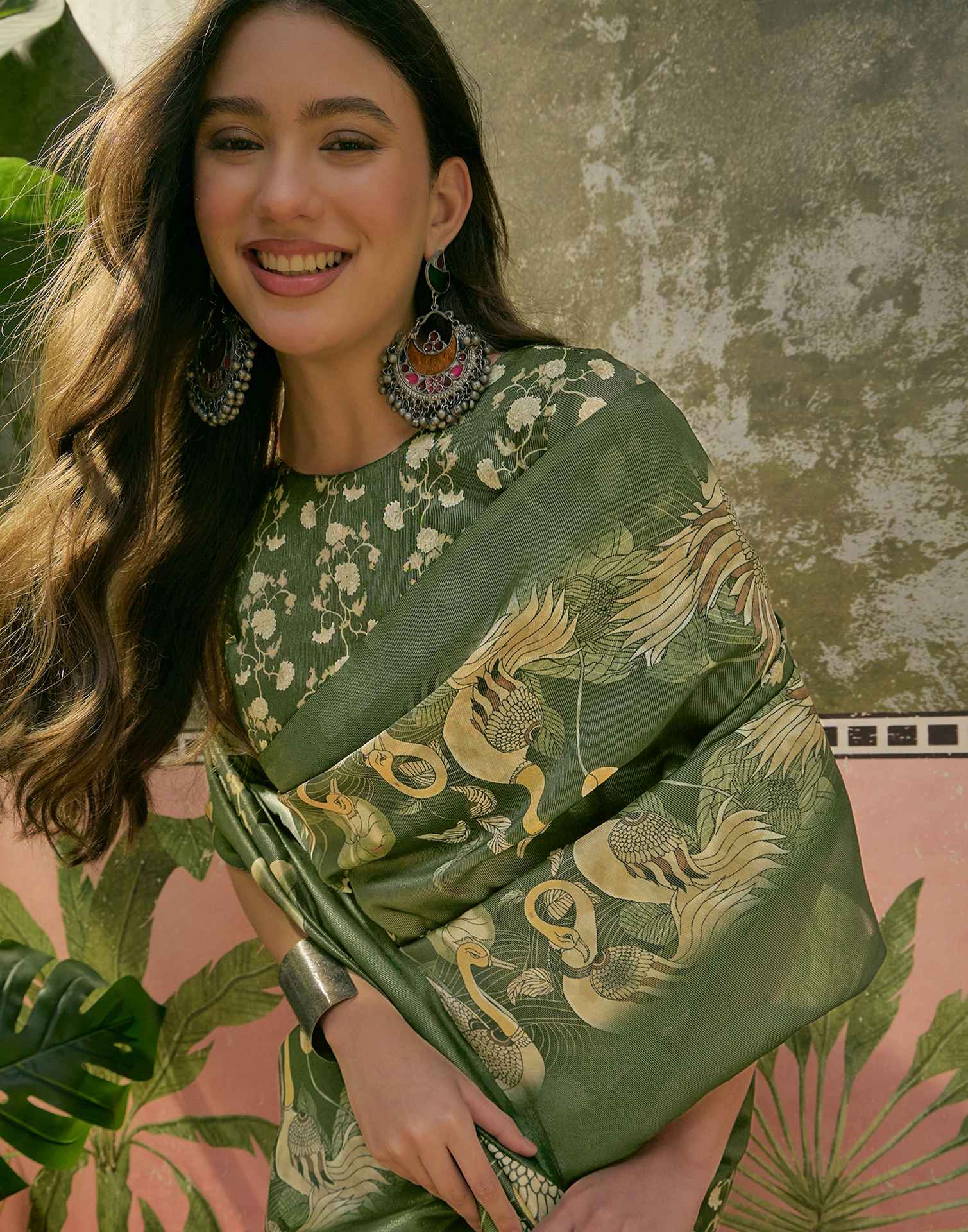 Dark Green Shimmer Silk Printed Saree