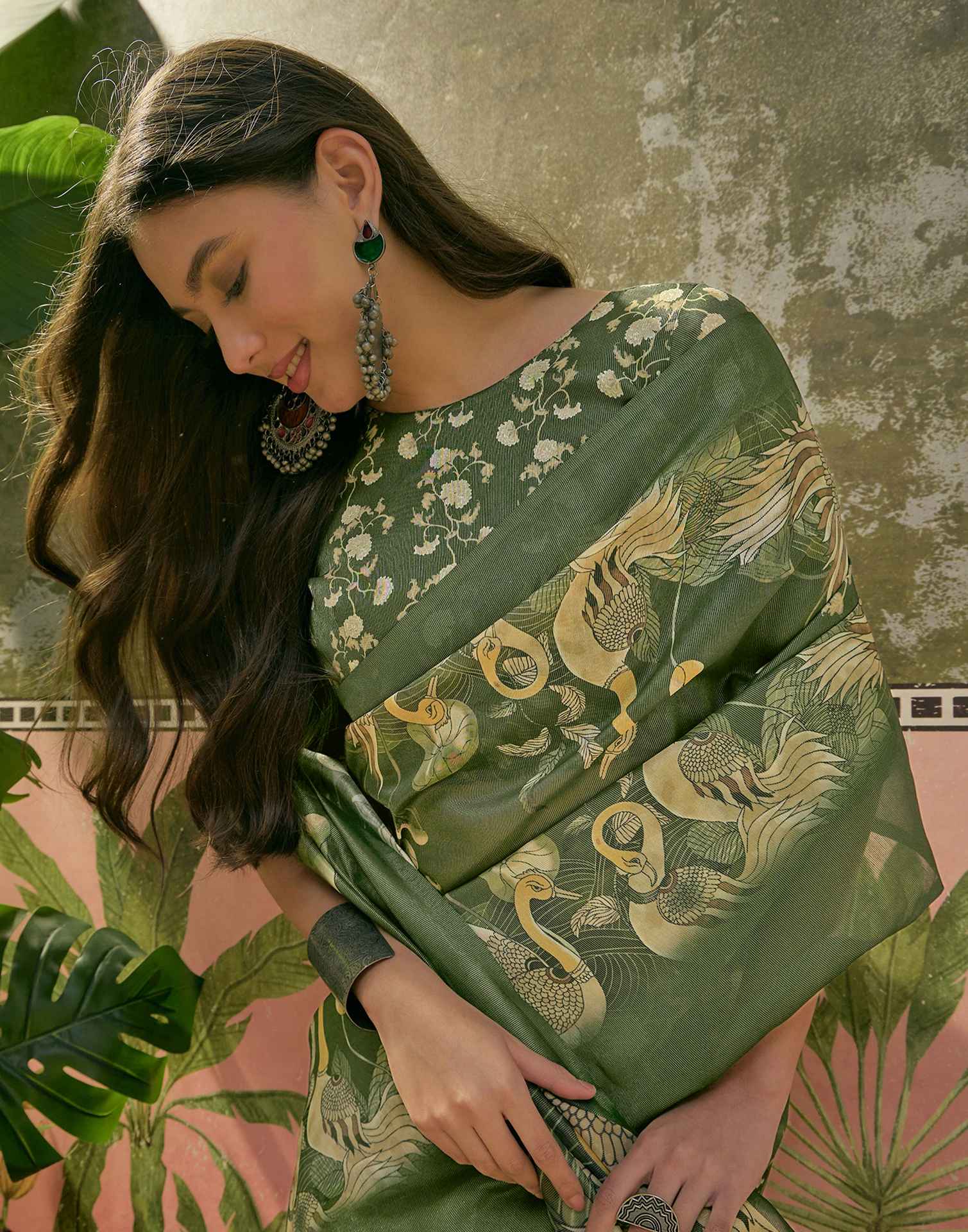 Dark Green Shimmer Silk Printed Saree