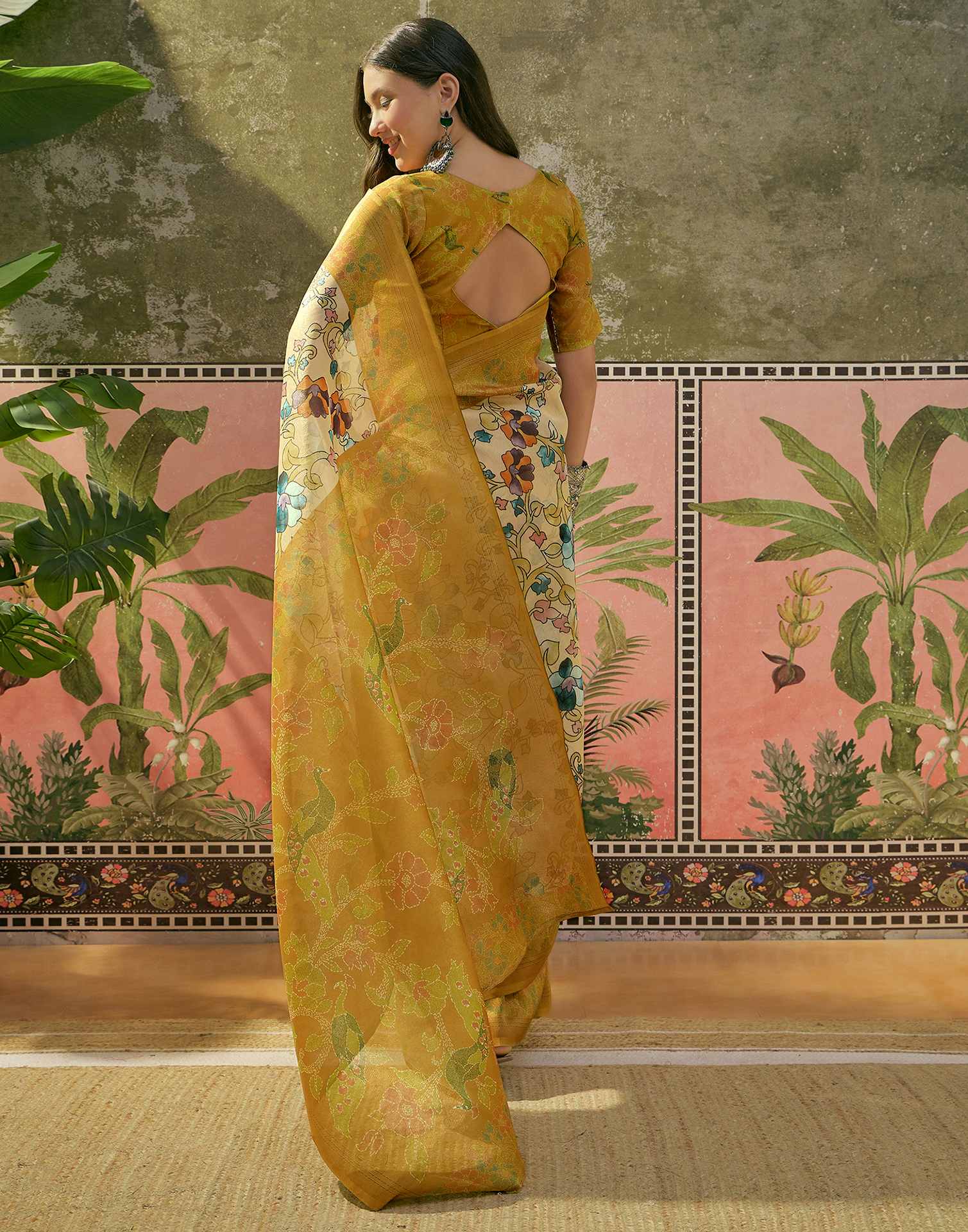 Beige Shimmer Silk Floral Printed Saree