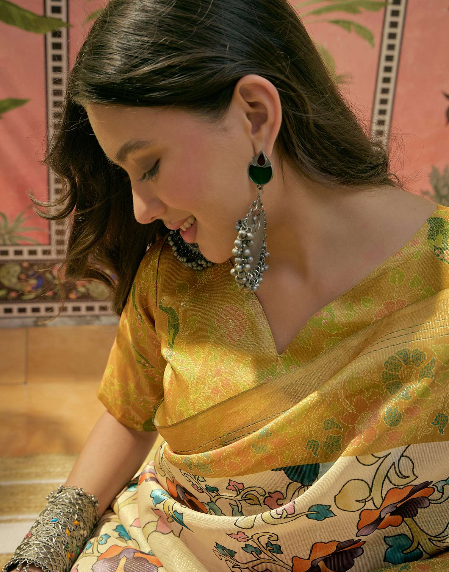 Beige Shimmer Silk Floral Printed Saree