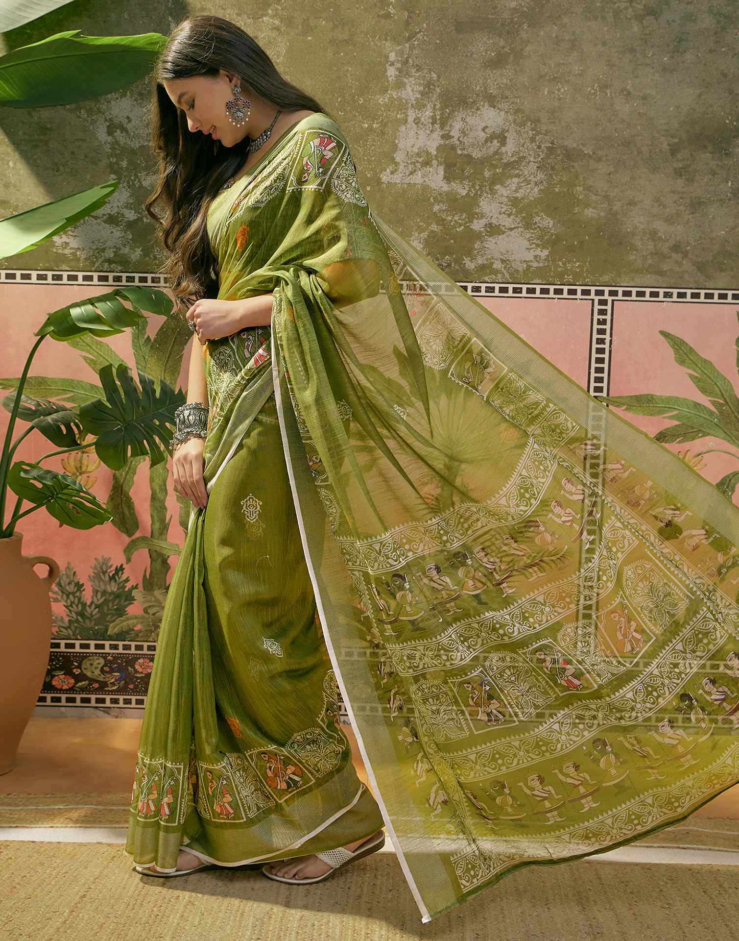 Mehndi Green Cotton Linen Printed Saree