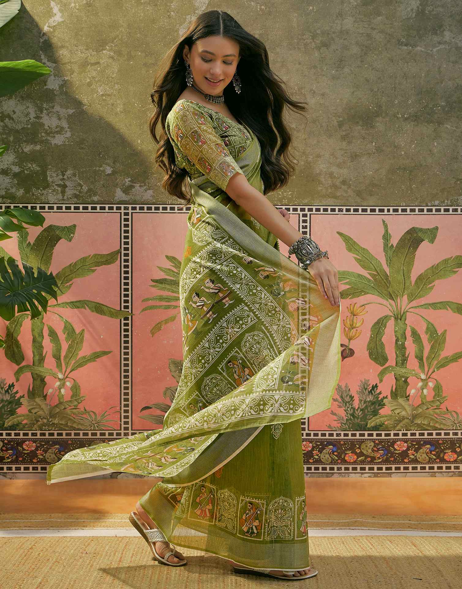 Mehndi Green Cotton Linen Printed Saree