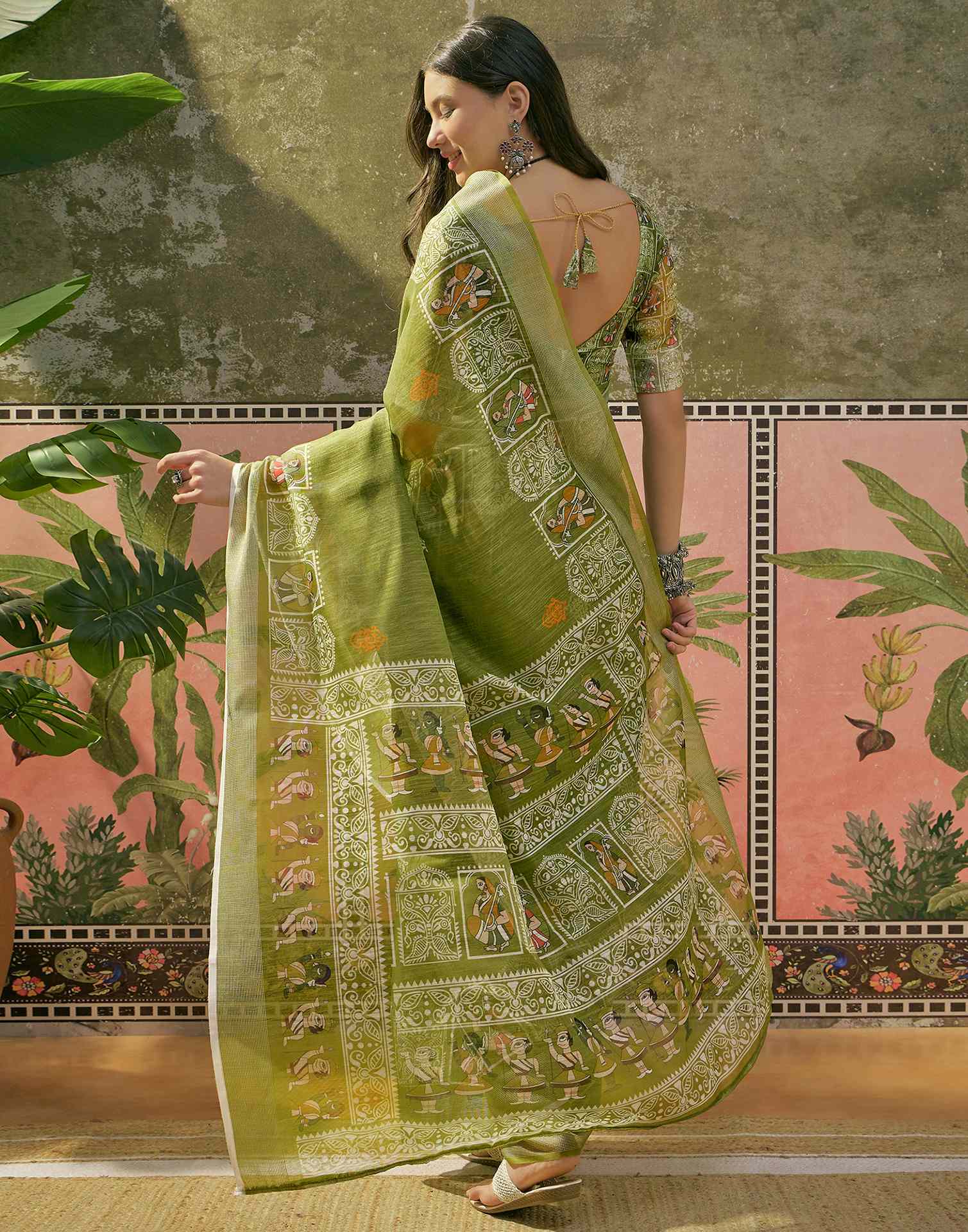 Mehndi Green Cotton Linen Printed Saree