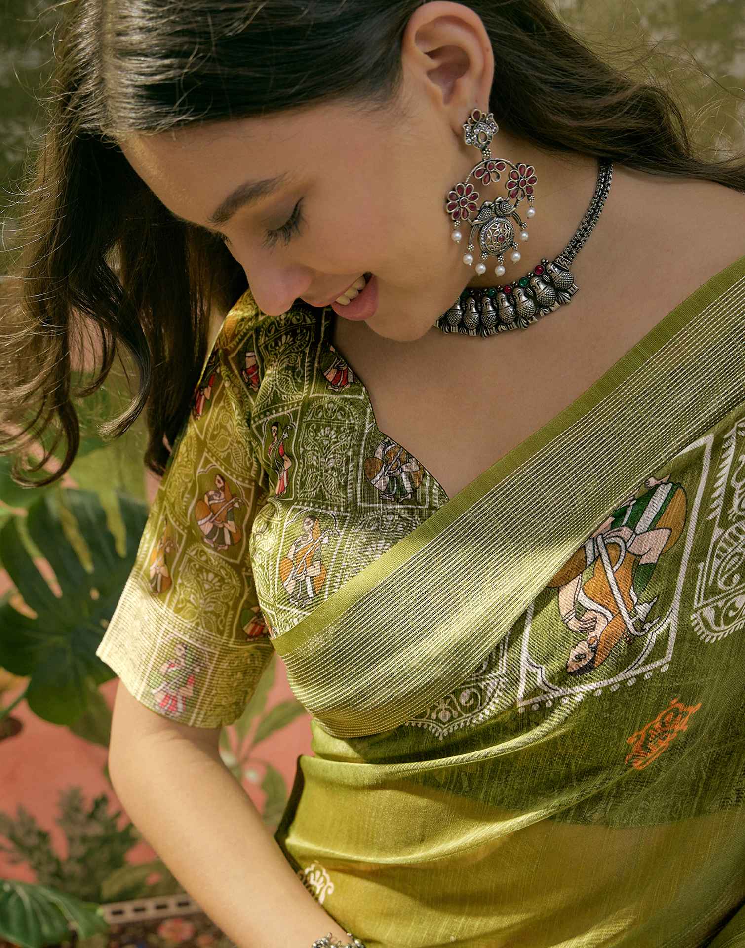 Mehndi Green Cotton Linen Printed Saree