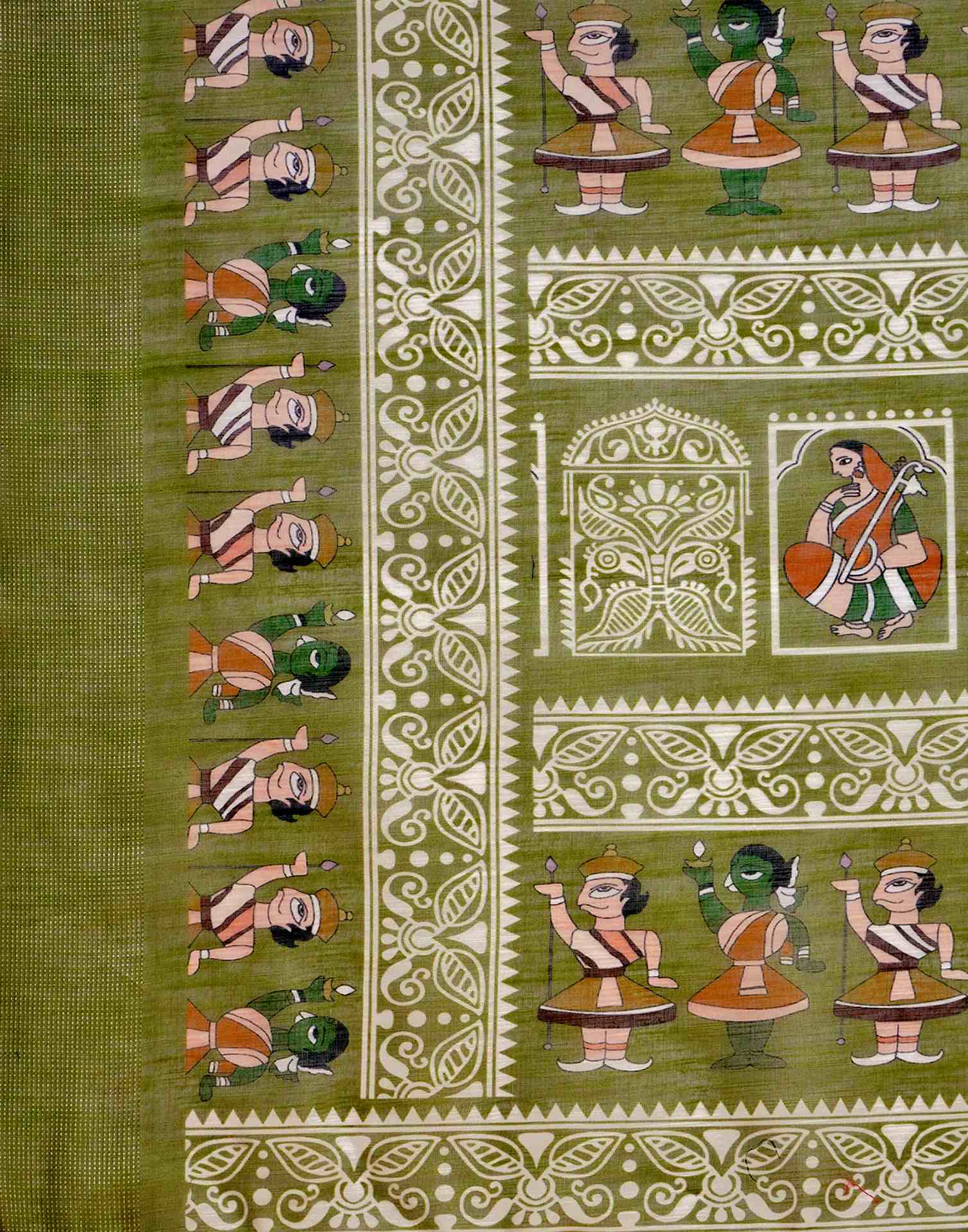 Mehndi Green Cotton Linen Printed Saree