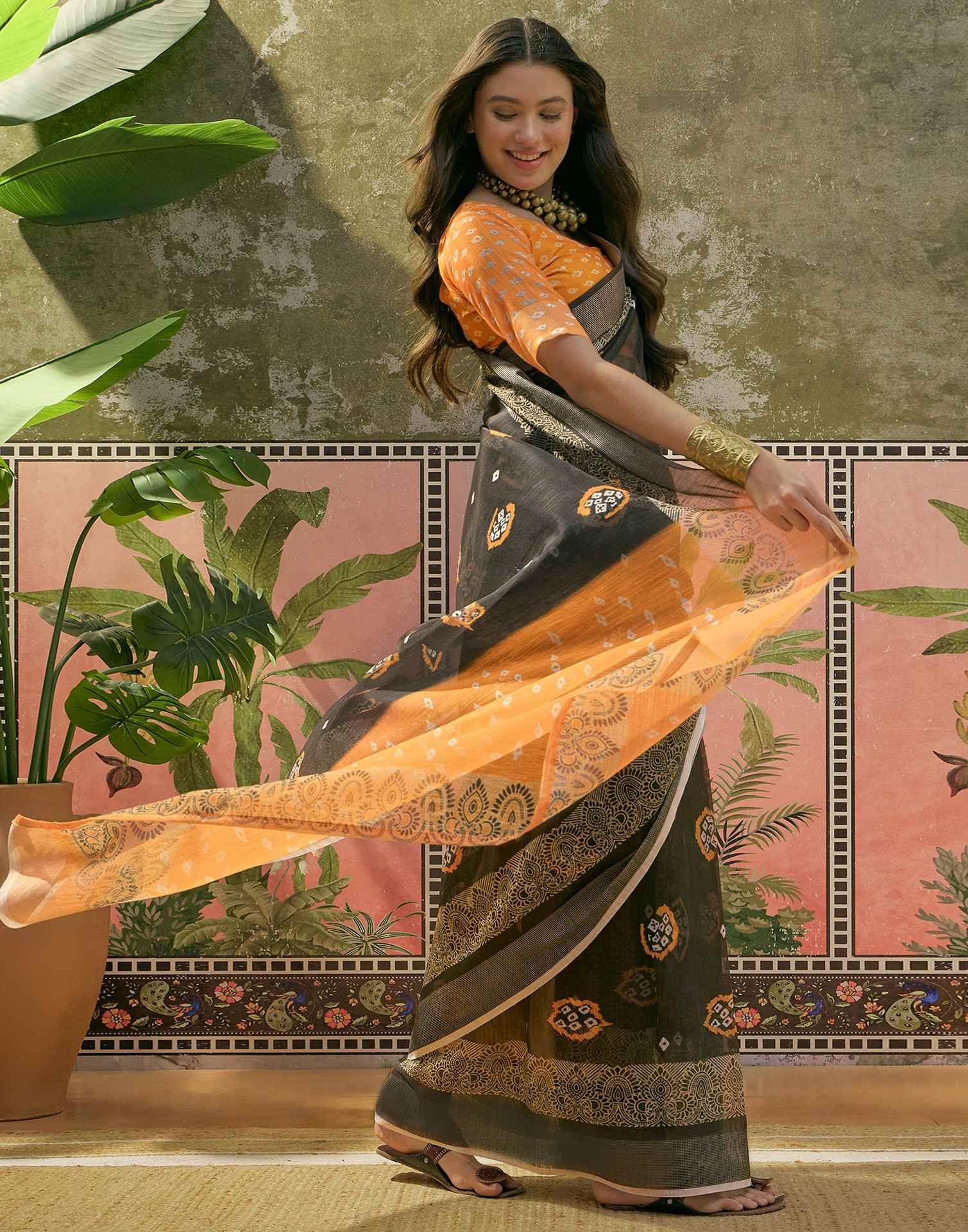 Black Cotton Linen Bandhani Printed Saree