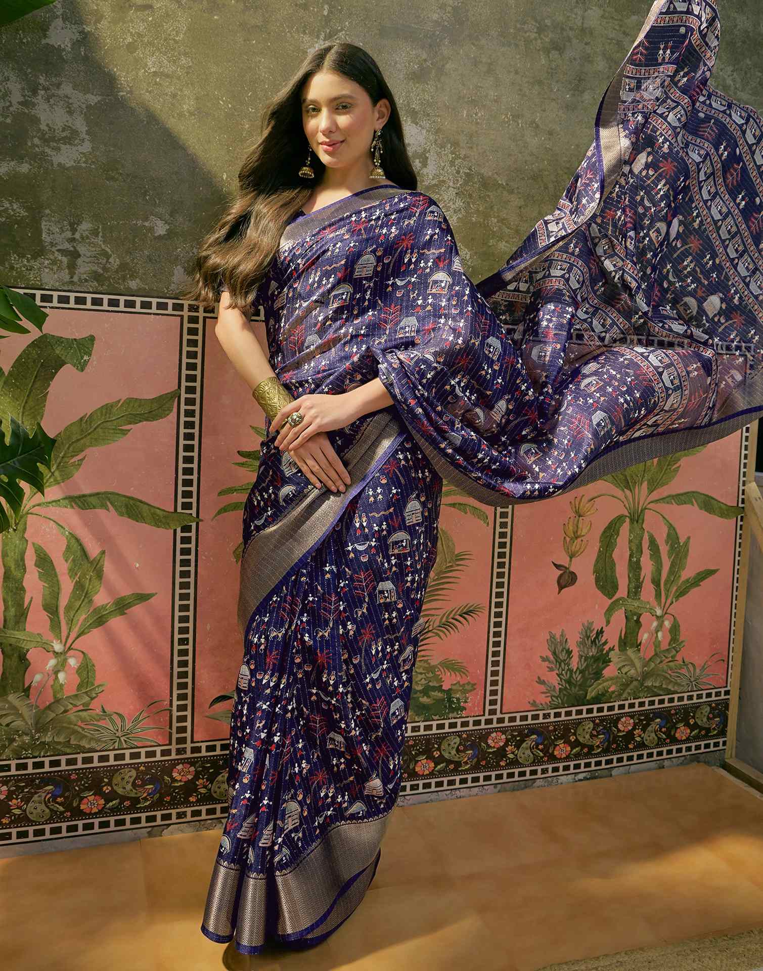 Navy Blue Silk Printed Zari Stripe Saree