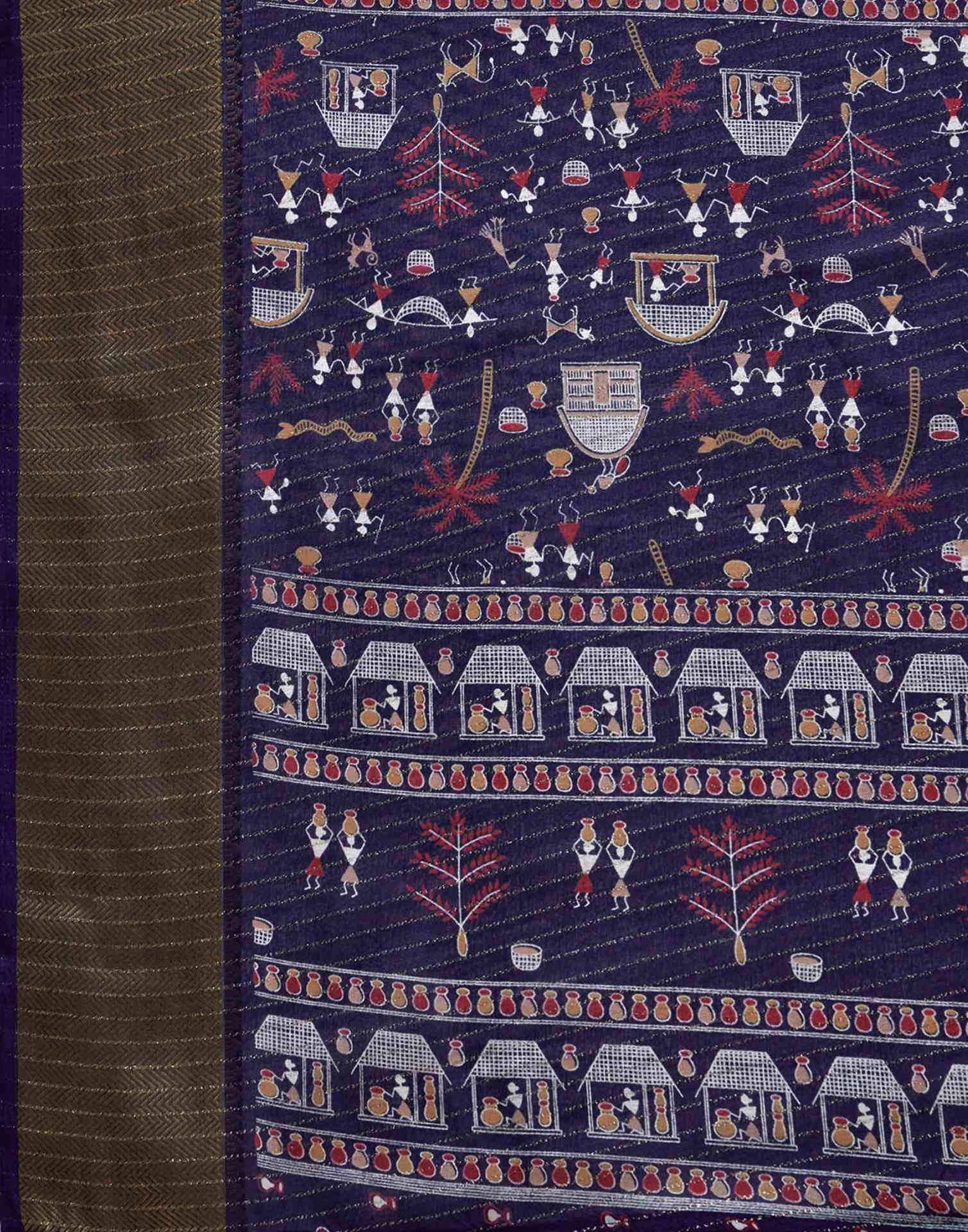 Navy Blue Silk Printed Zari Stripe Saree