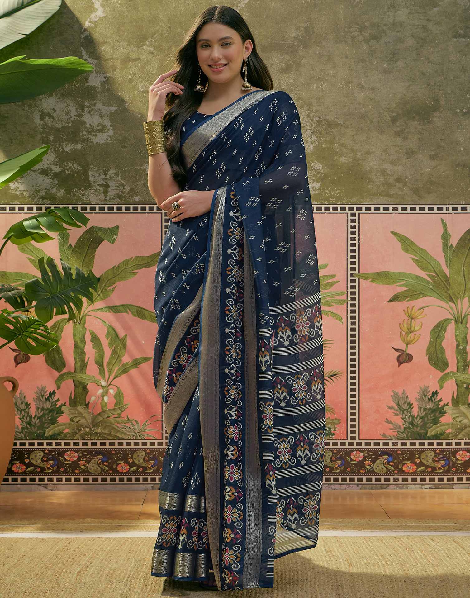 Dark Blue Georgette Printed Saree