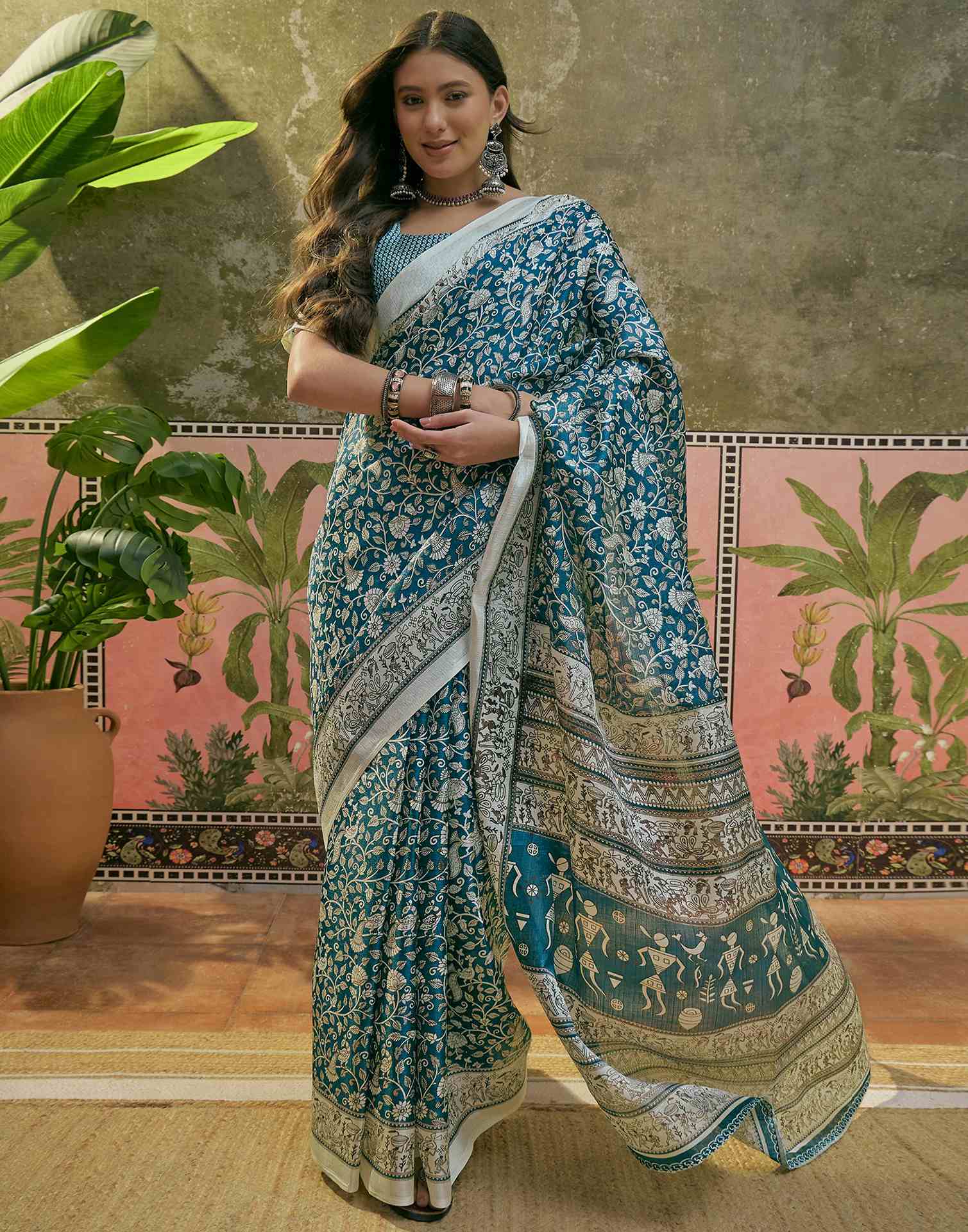 Teal Blue Khadi Printed Saree