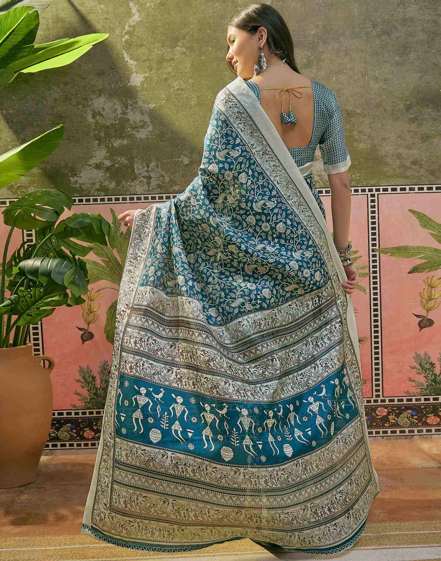 Teal Blue Khadi Printed Saree