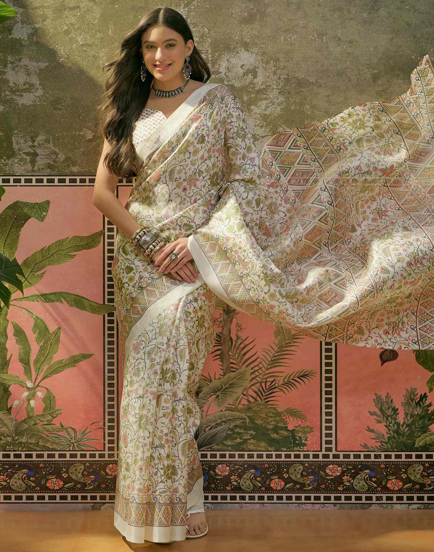 Off White Khadi Printed Saree