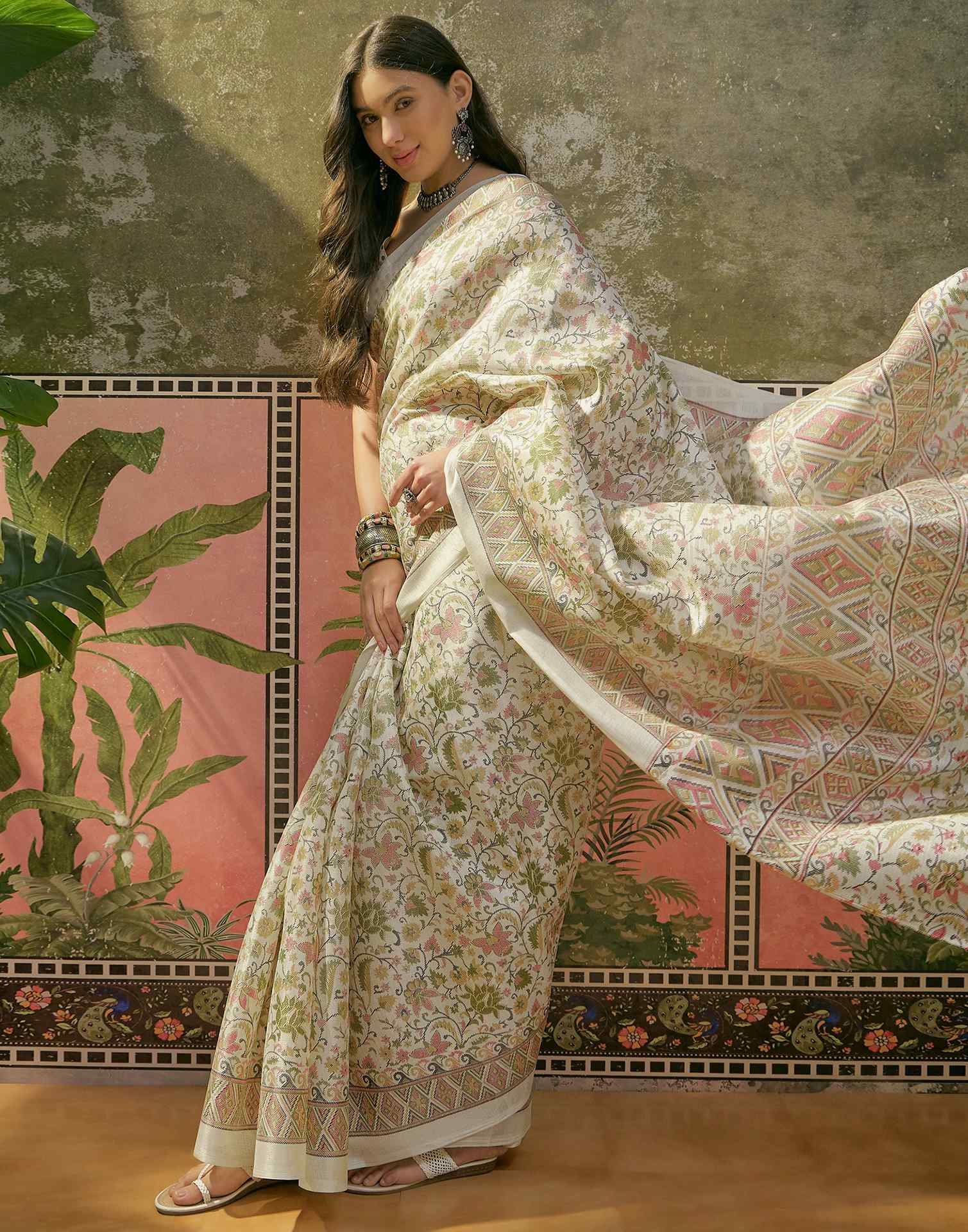 Off White Khadi Printed Saree