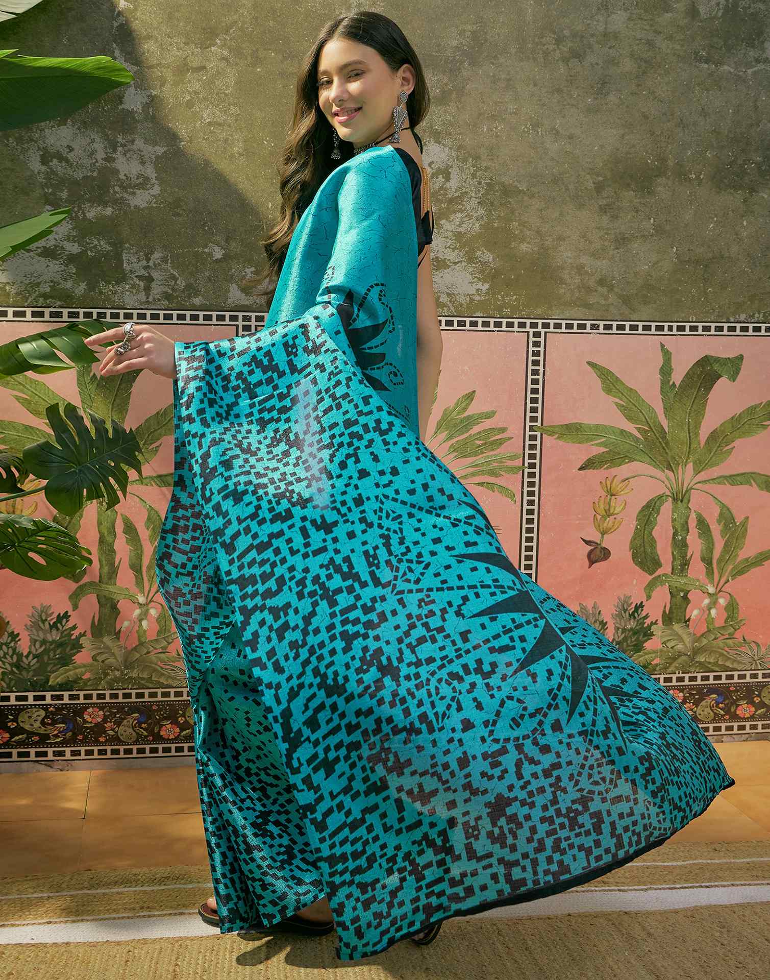 Teal Blue Khadi Printed Saree