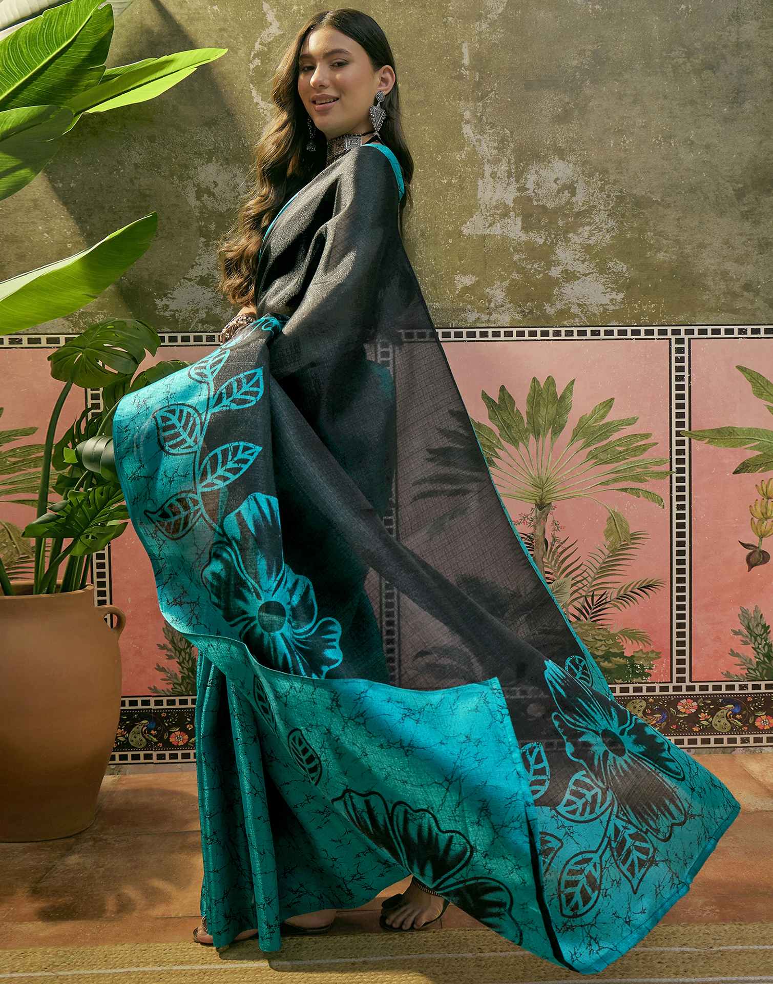 Teal Blue Khadi Floral Printed Saree