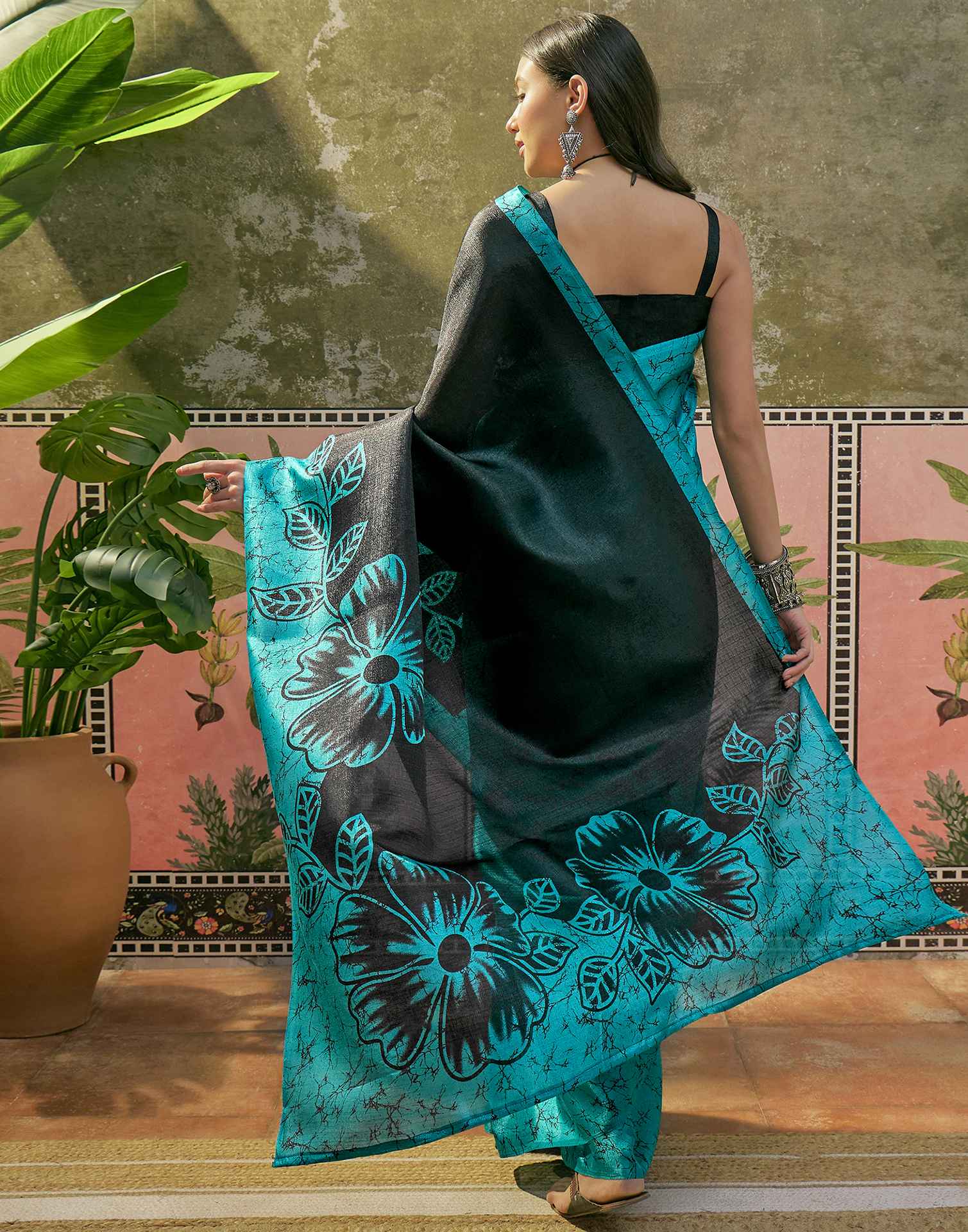 Teal Blue Khadi Floral Printed Saree