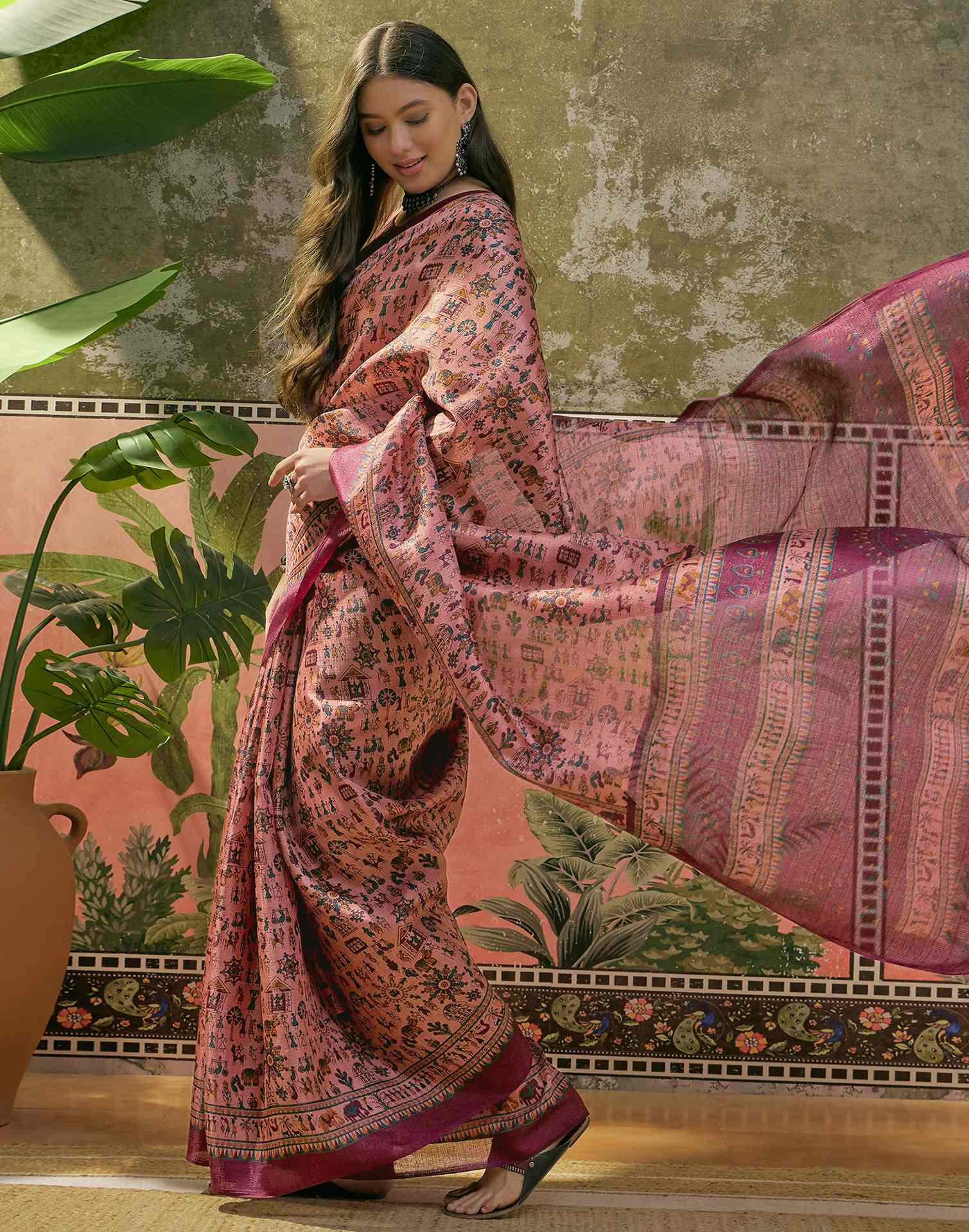 Dark Peach Khadi Printed Saree