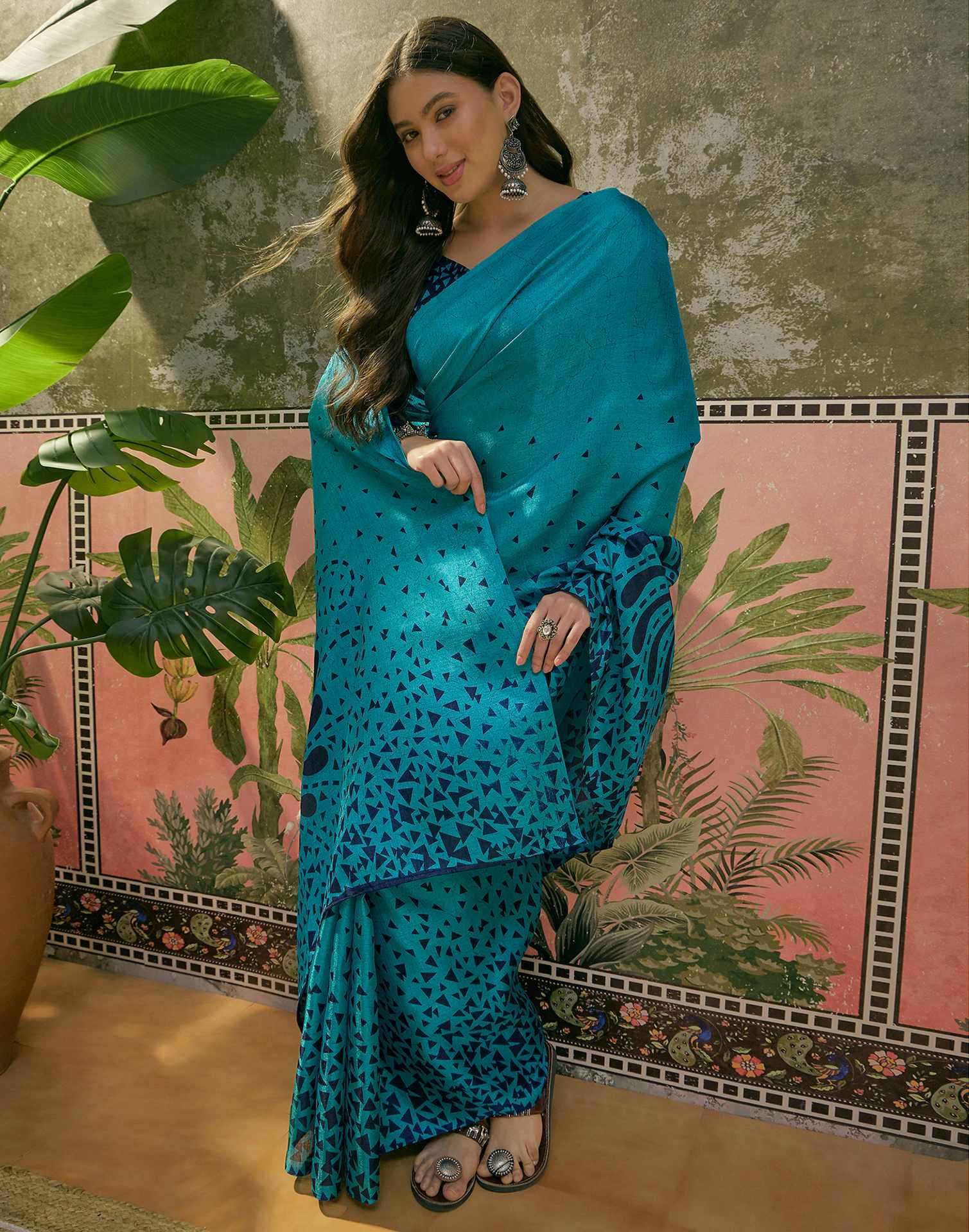 Teal Blue Khadi Printed Saree