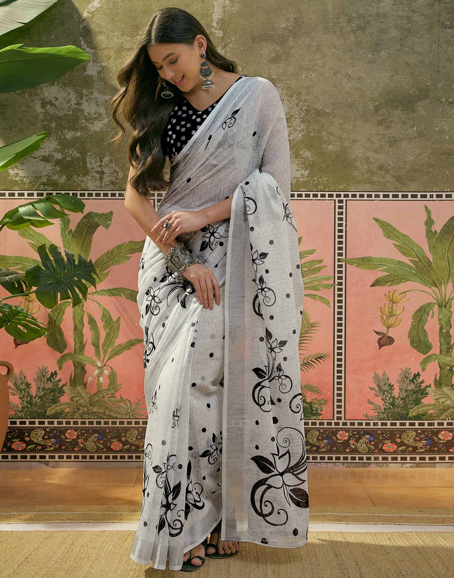 Off White Linen Floral Printed Saree