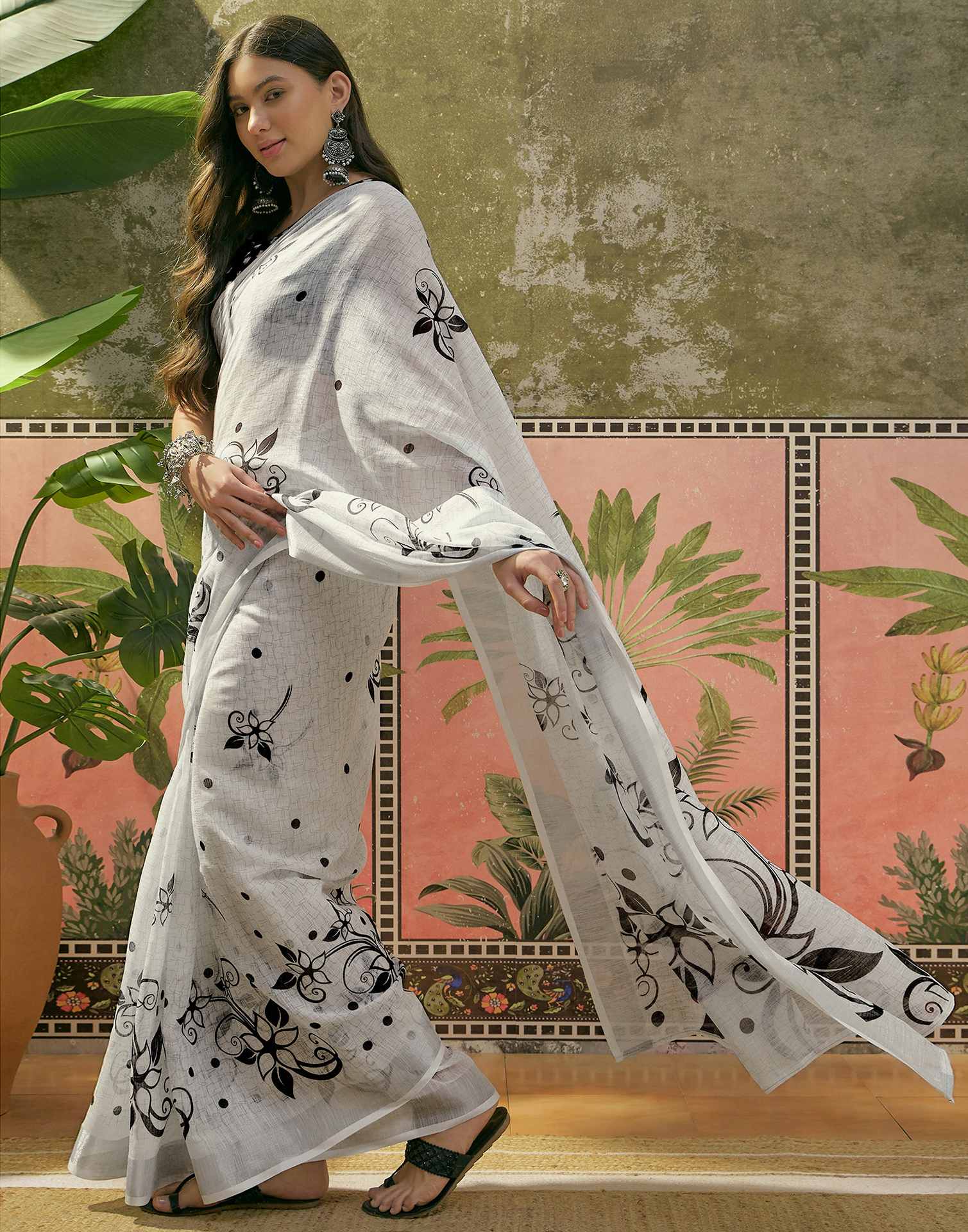 Off White Linen Floral Printed Saree