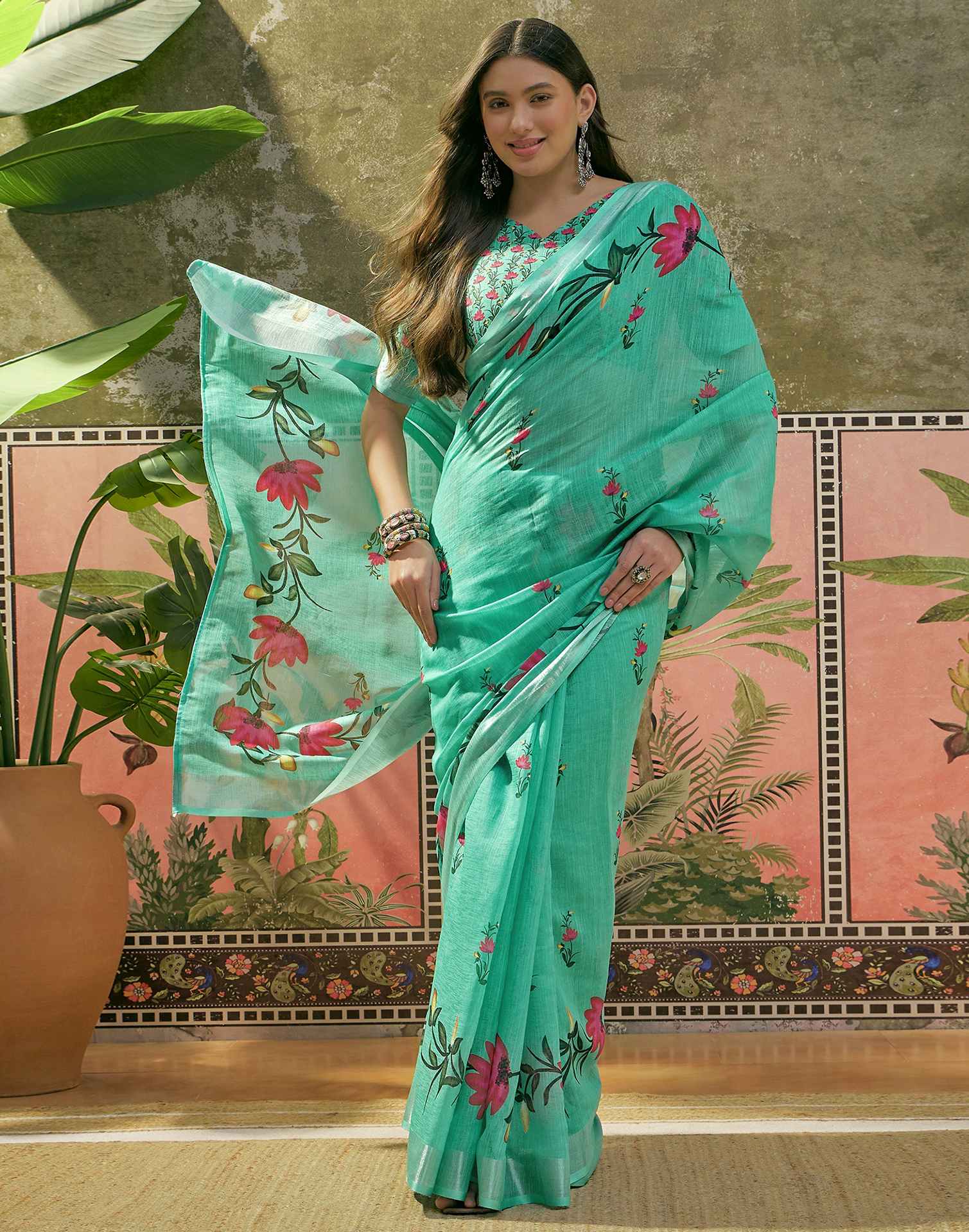 Mint Green Linen Floral Printed Saree